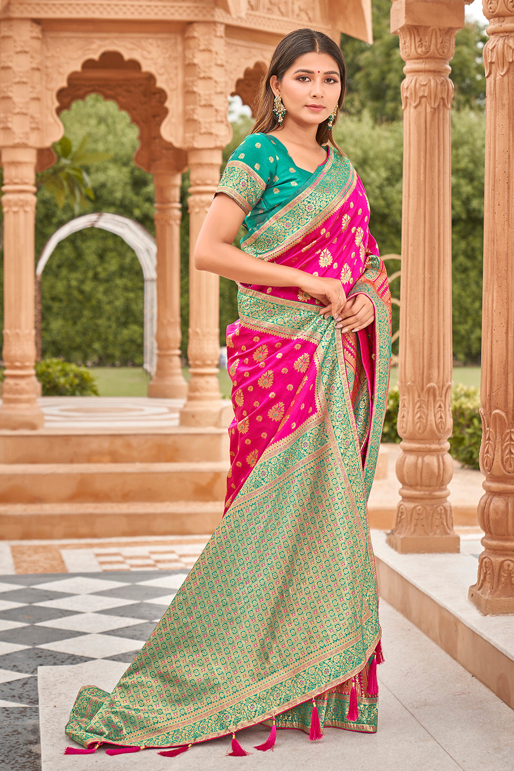 Rani Pink Banarasi Silk blend Zari Weaving Work Saree