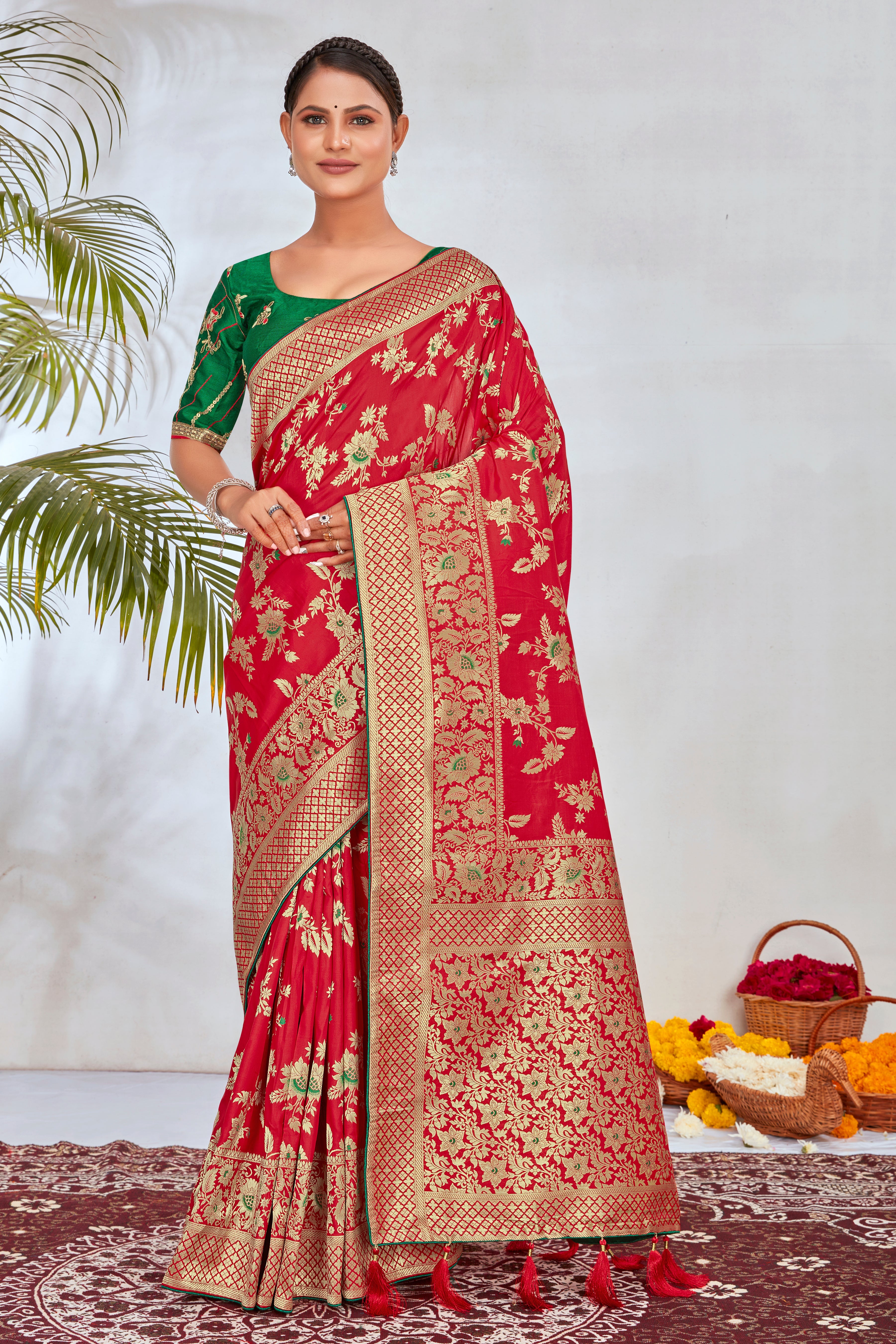 Red Banarasi Silk Blend Jacquard Woven Zari With Tussles Saree