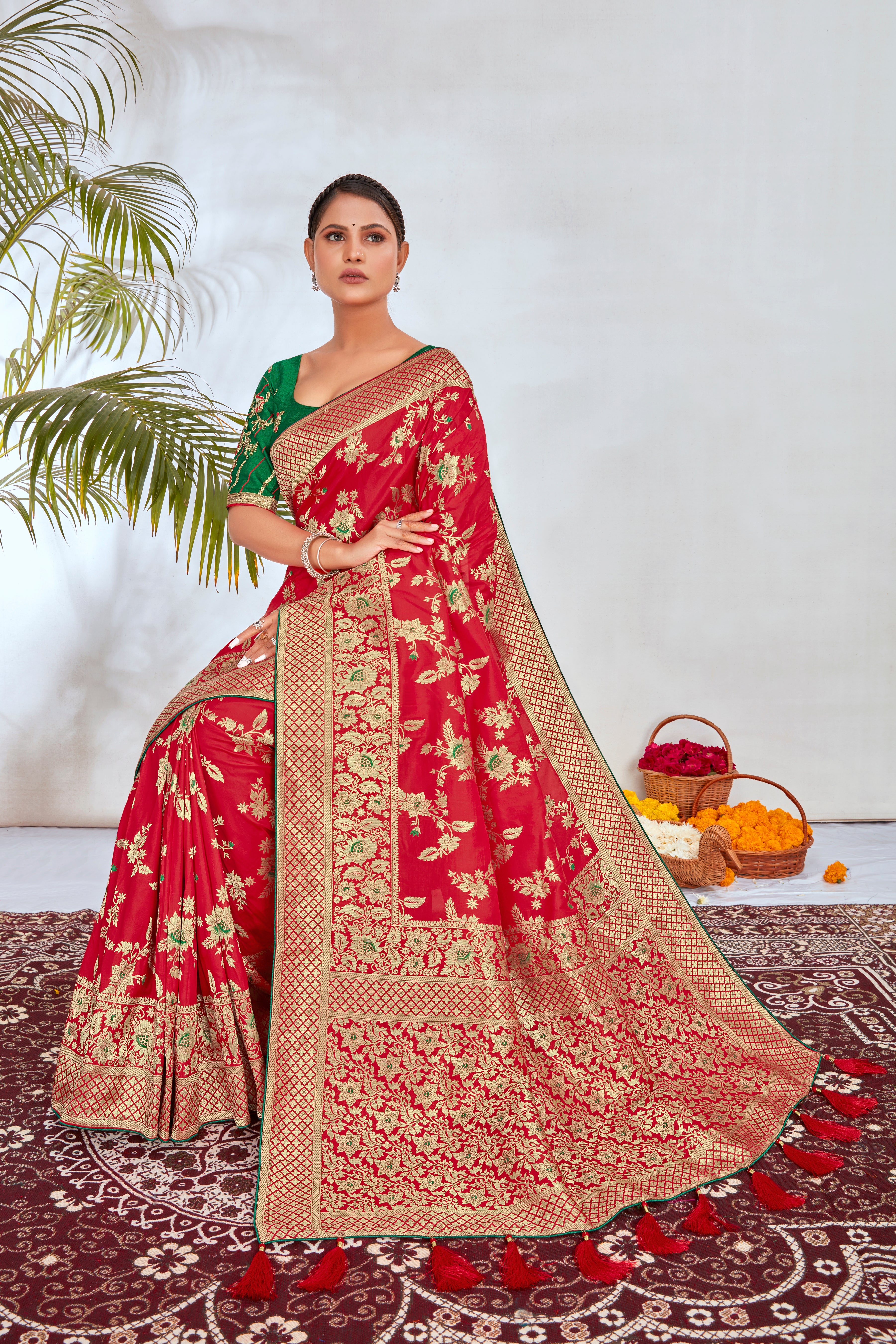 Red Banarasi Silk Blend Jacquard Woven Zari With Tussles Saree