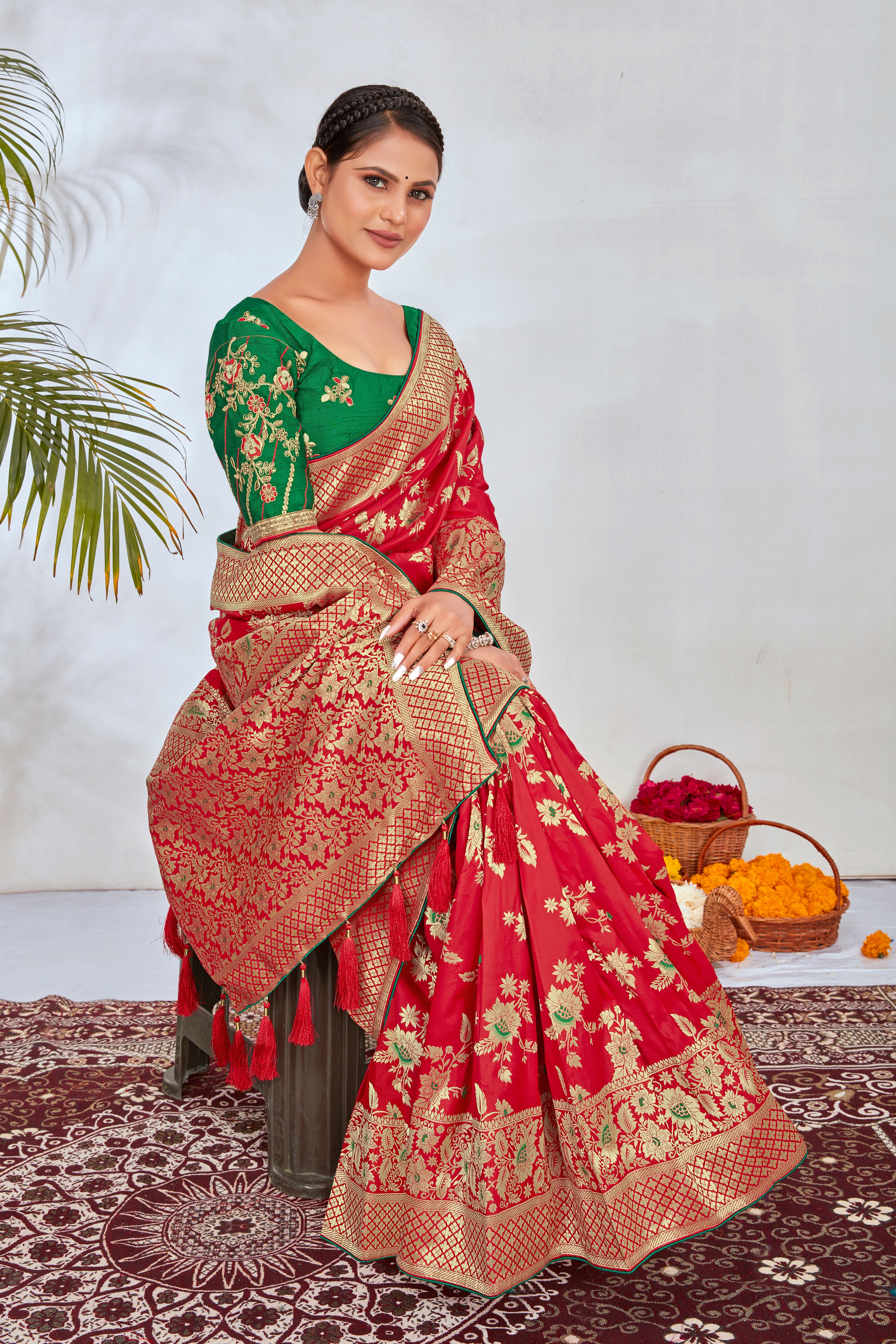 Red Banarasi Silk Blend Jacquard Woven Zari With Tussles Saree