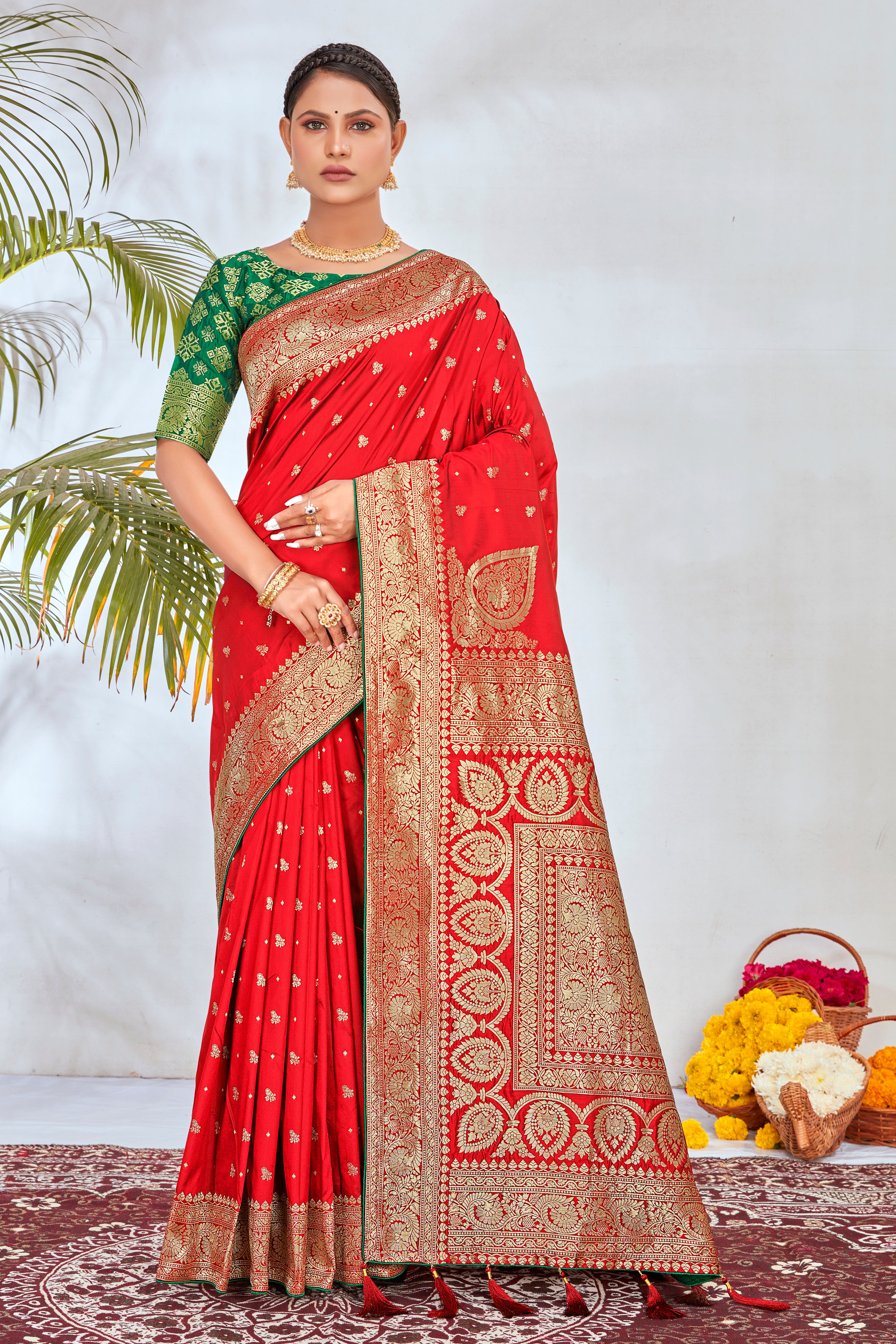 Red Banarasi Silk Zari Woven Traditional Saree