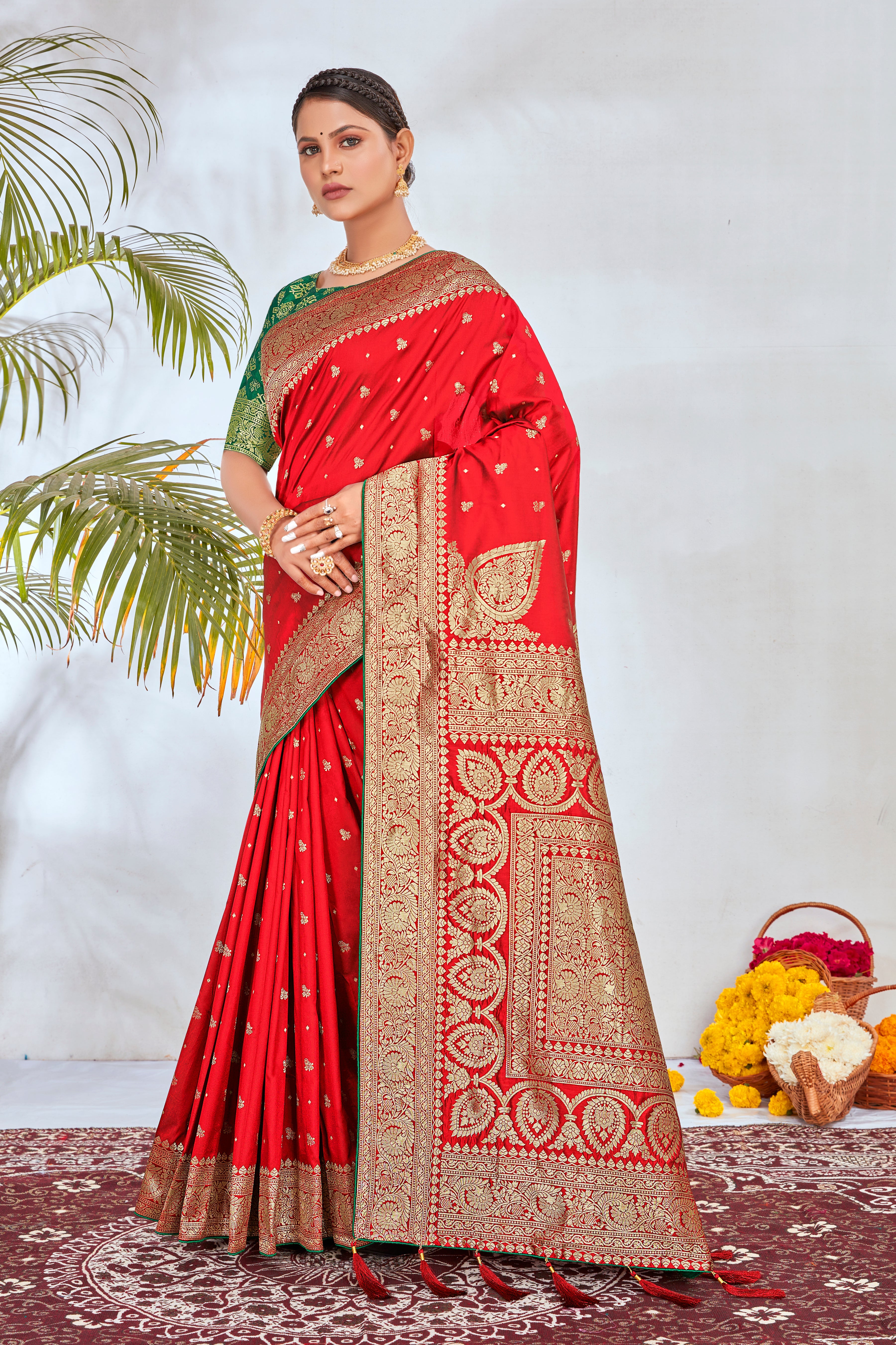 Red Banarasi Silk Zari Woven Traditional Saree