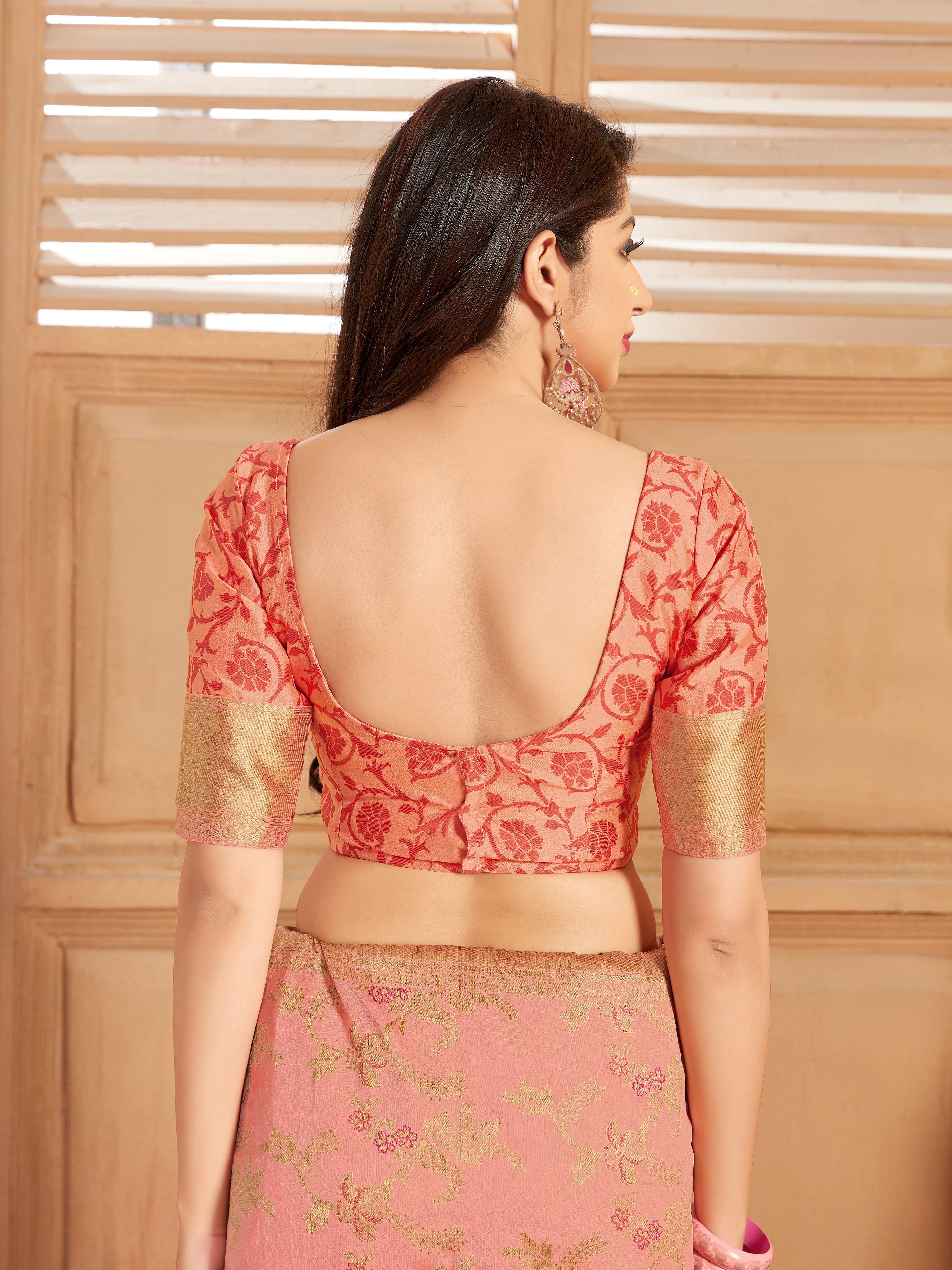 Peach Silk Blend Woven Reception  Wear Saree