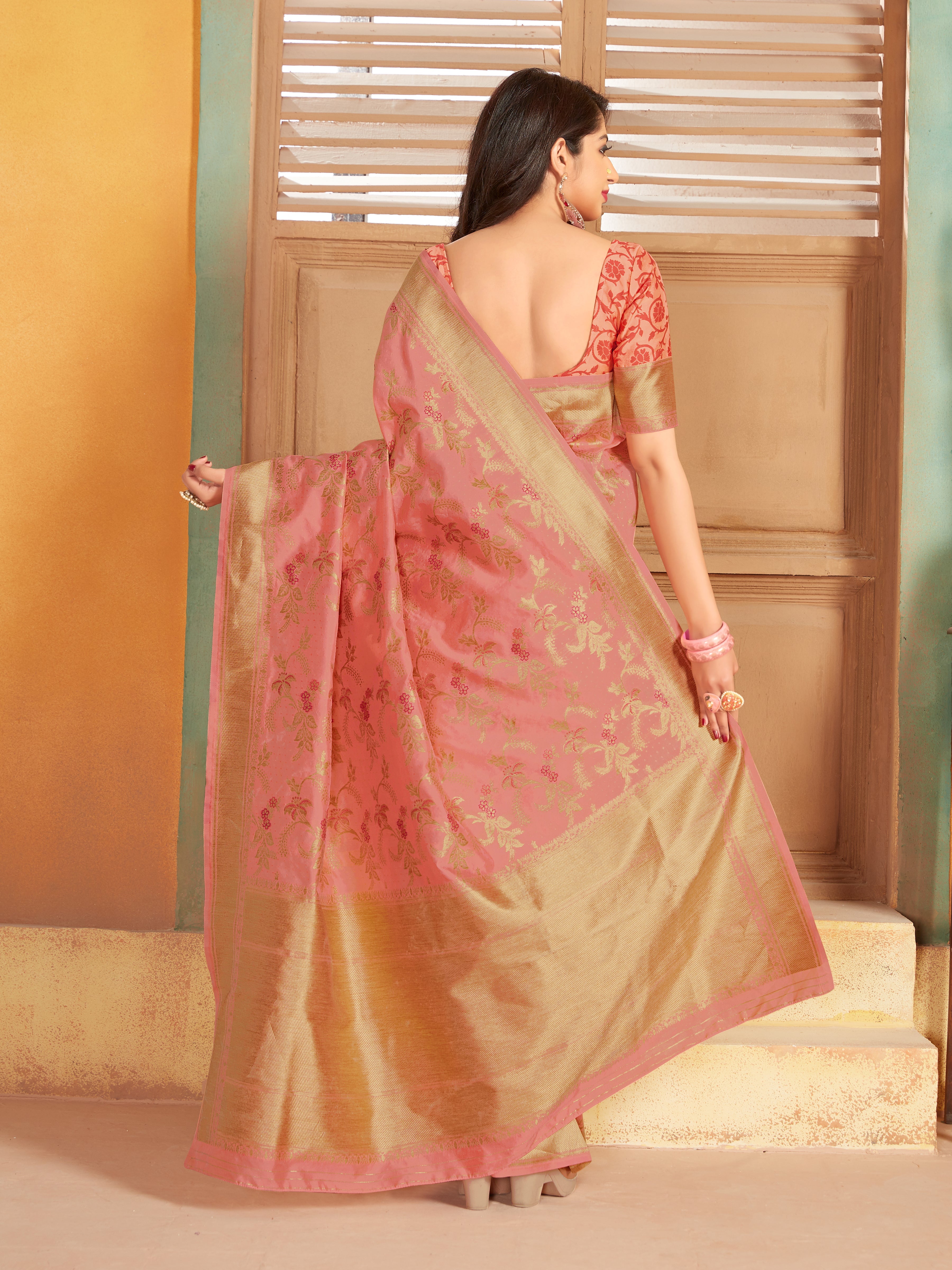 Peach Silk Blend Woven Reception  Wear Saree