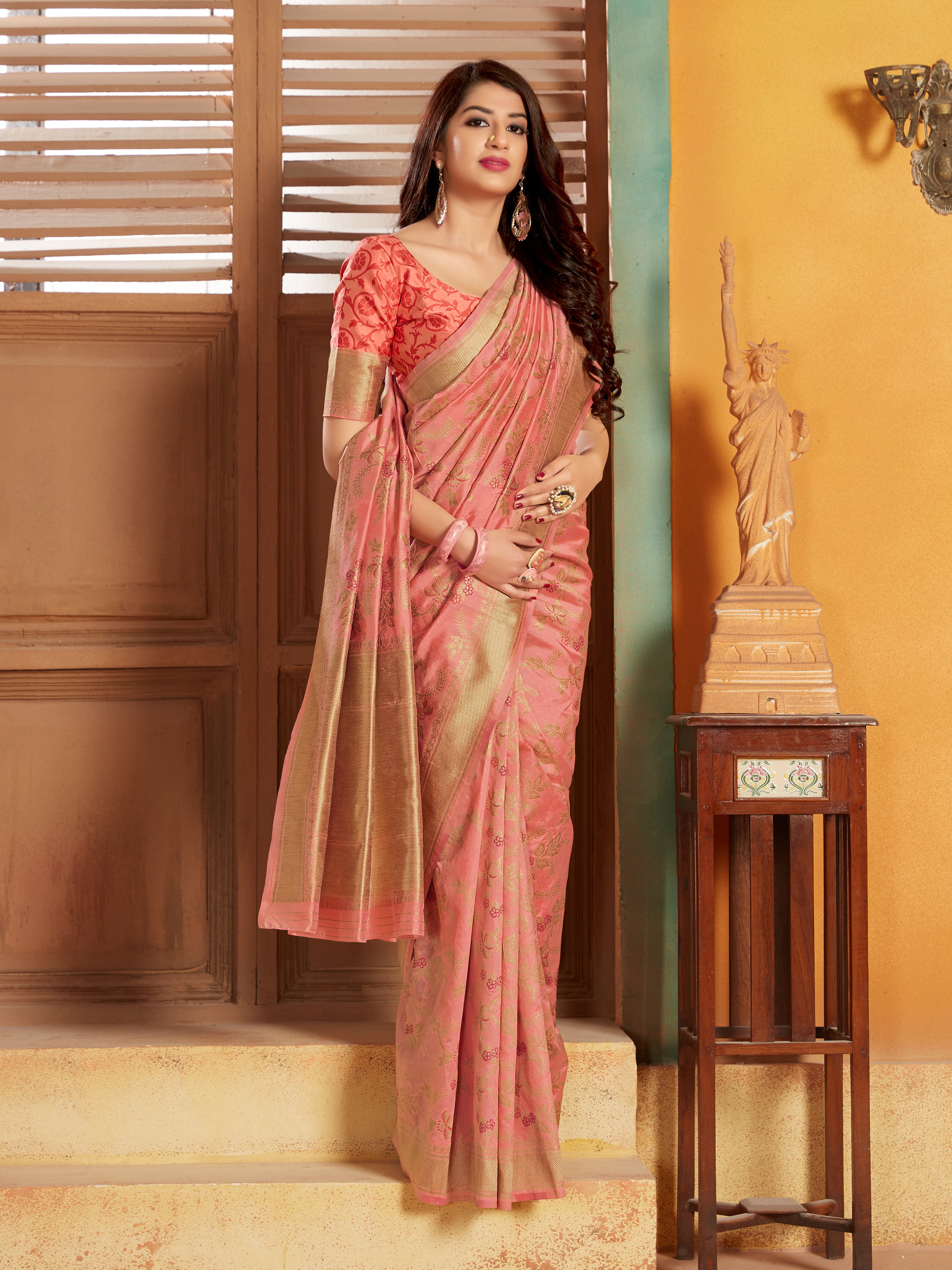 Peach Silk Blend Woven Reception  Wear Saree