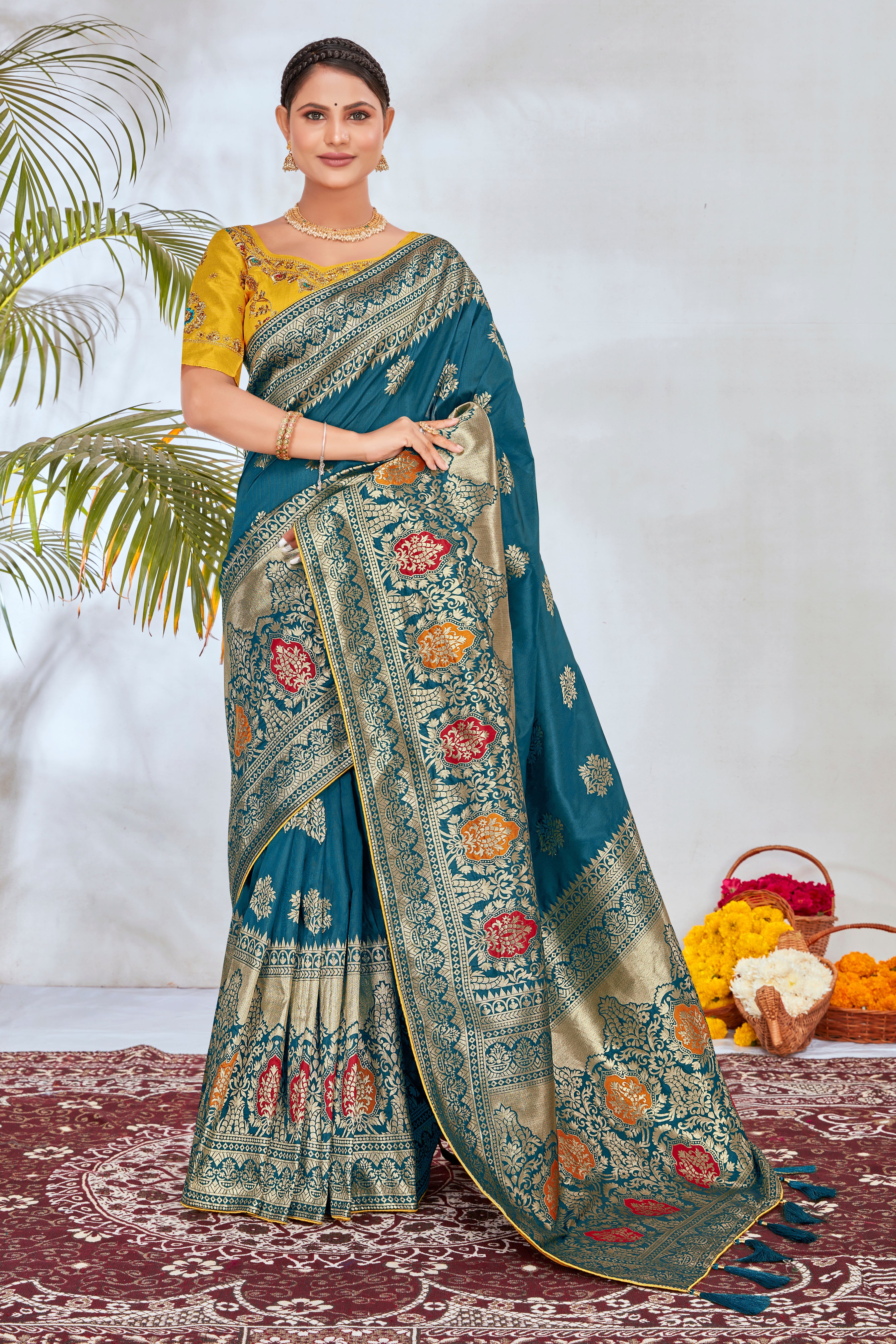 Turquoise Banarasi Silk Blend Woven Beautiful Saree