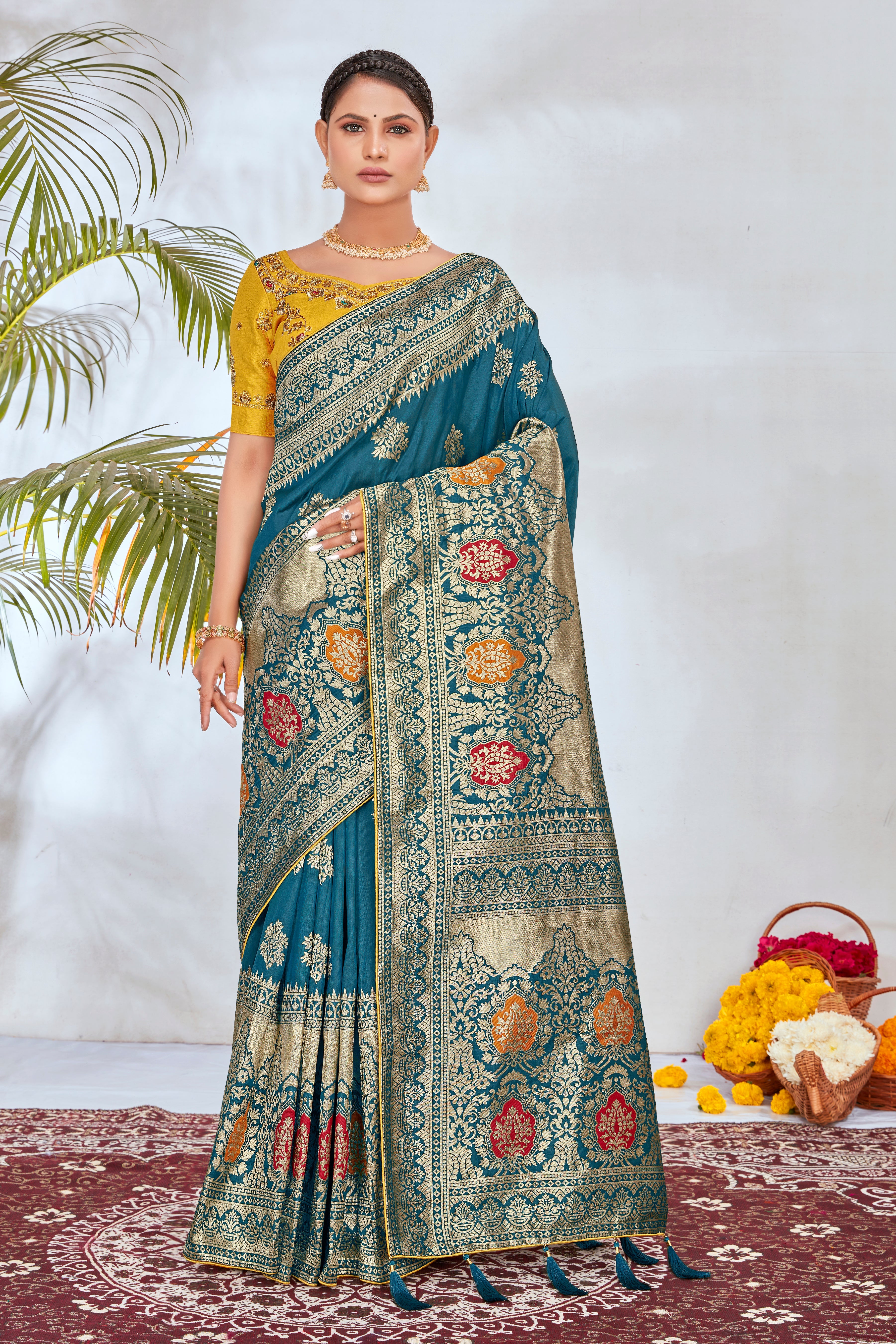 Turquoise Banarasi Silk Blend Woven Beautiful Saree
