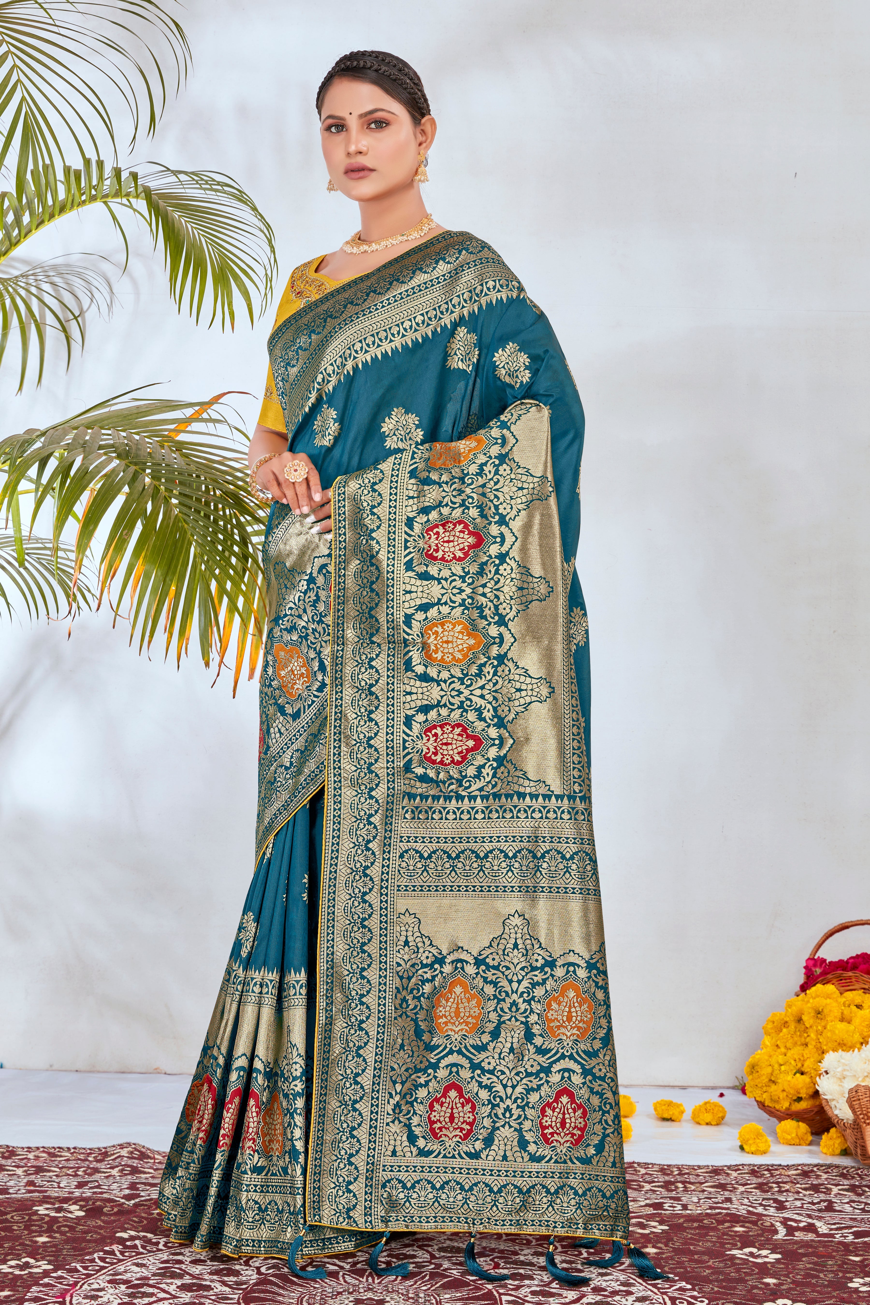 Turquoise Banarasi Silk Blend Woven Beautiful Saree