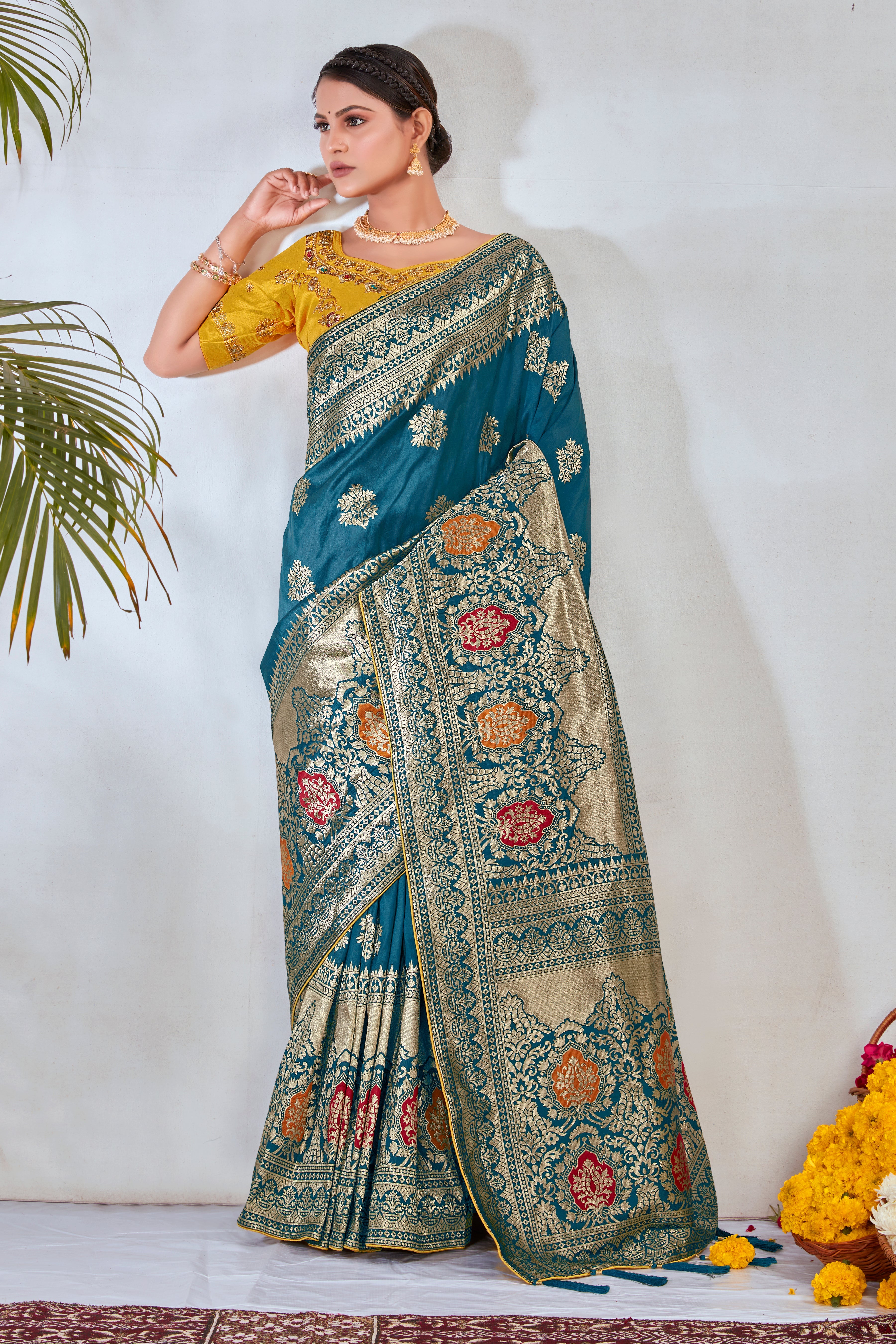 Turquoise Banarasi Silk Blend Woven Beautiful Saree