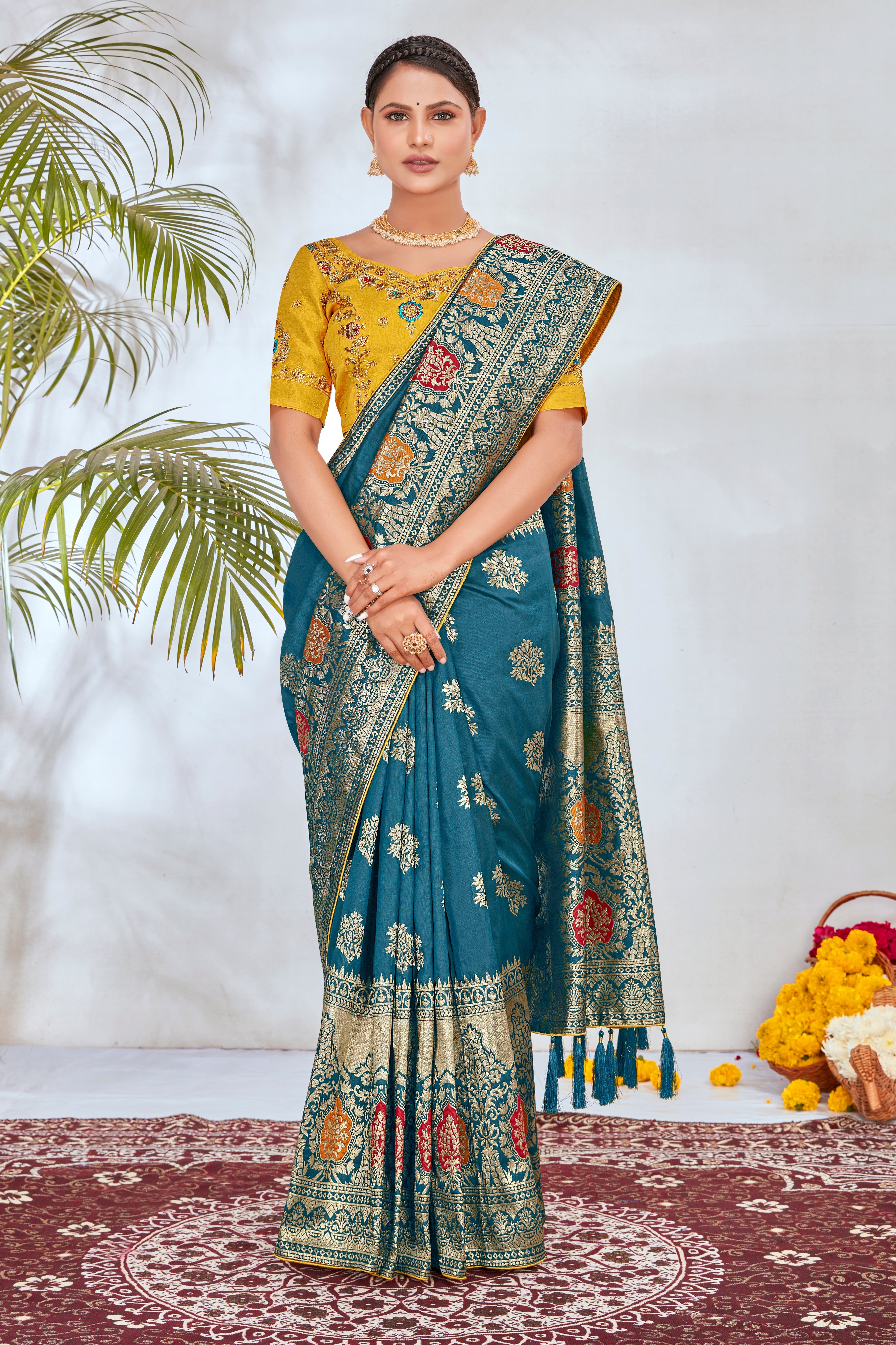 Turquoise Banarasi Silk Blend Woven Beautiful Saree