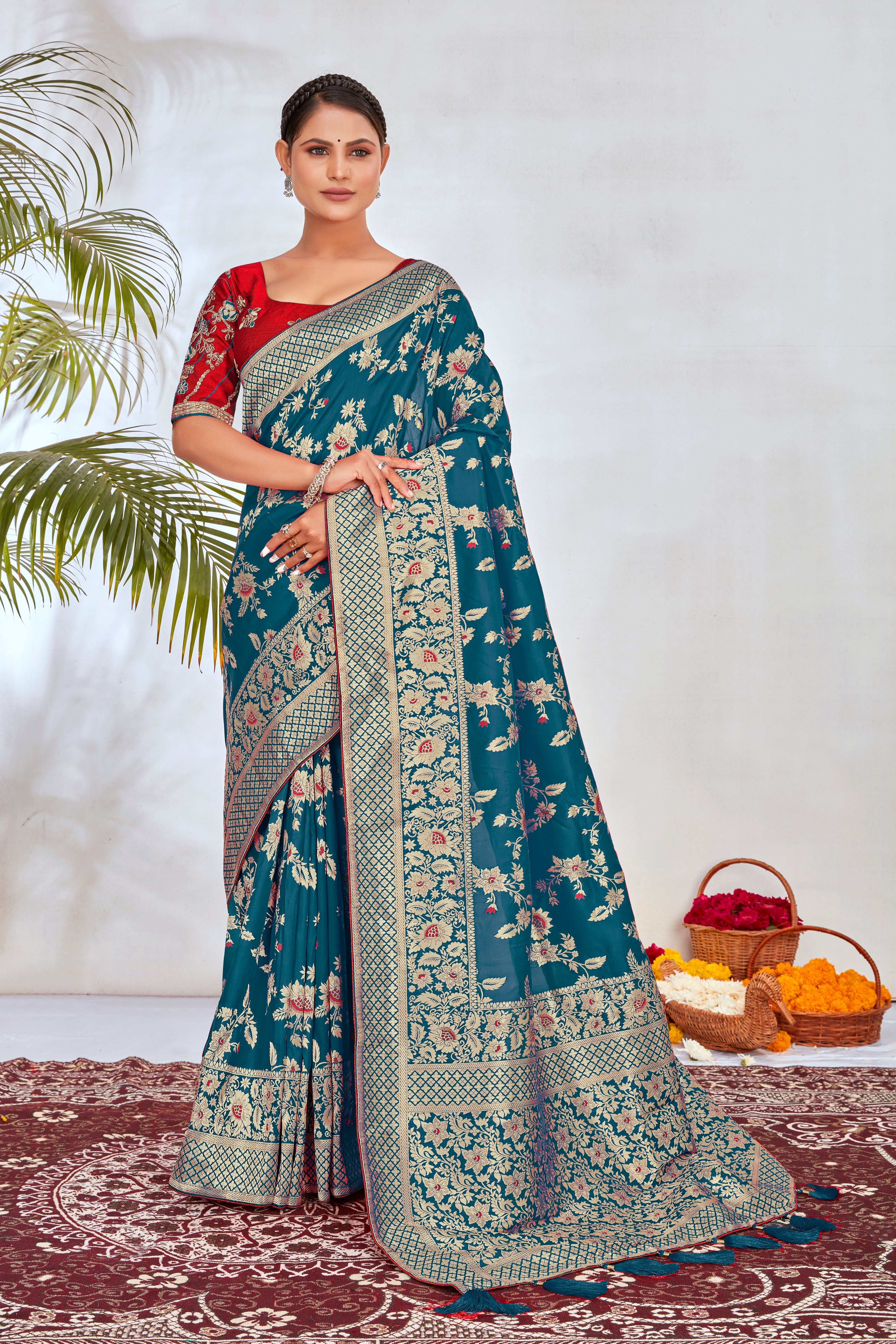 Turquoise Banarasi Silk Blend Woven Elegance Saree