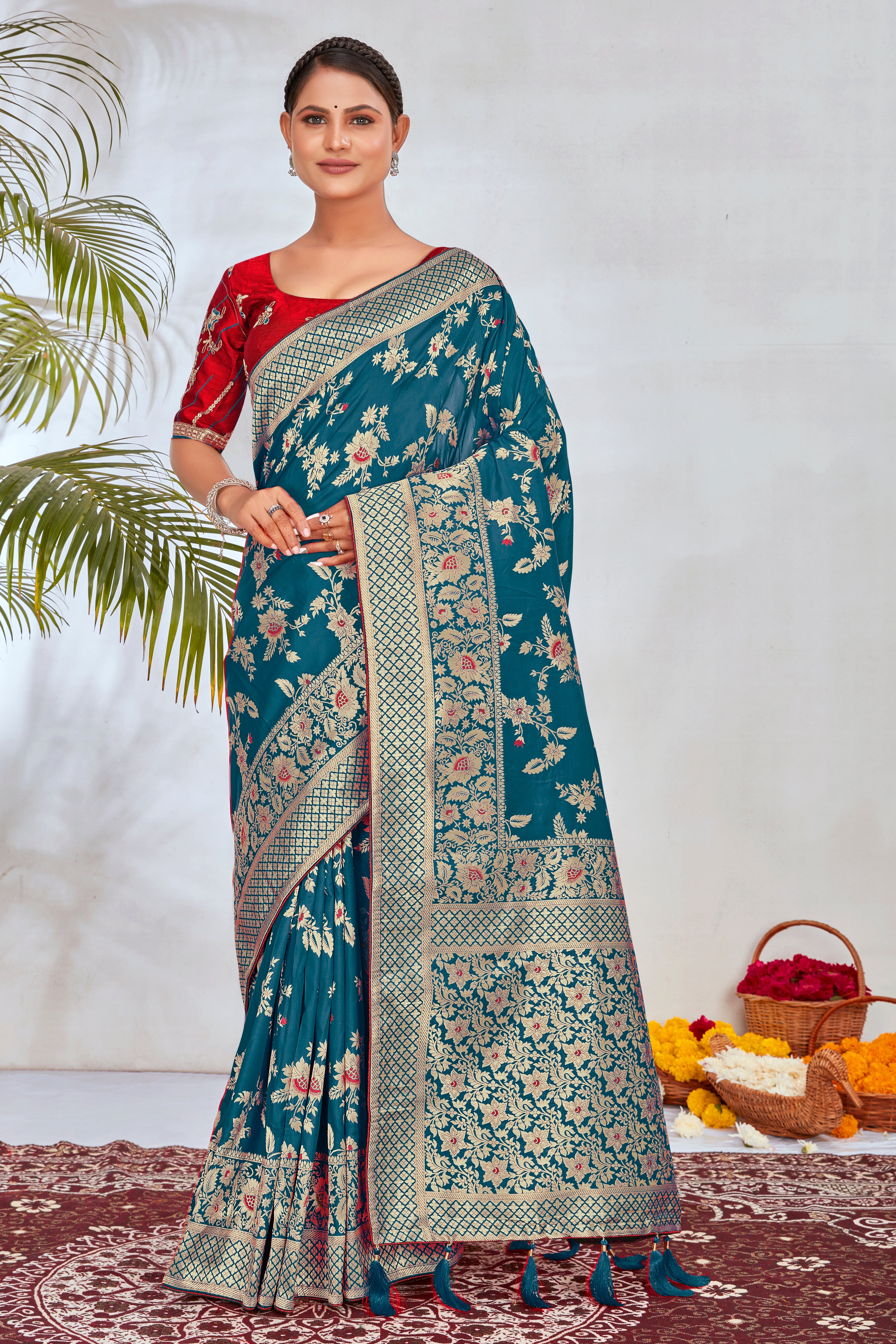 Turquoise Banarasi Silk Blend Woven Elegance Saree