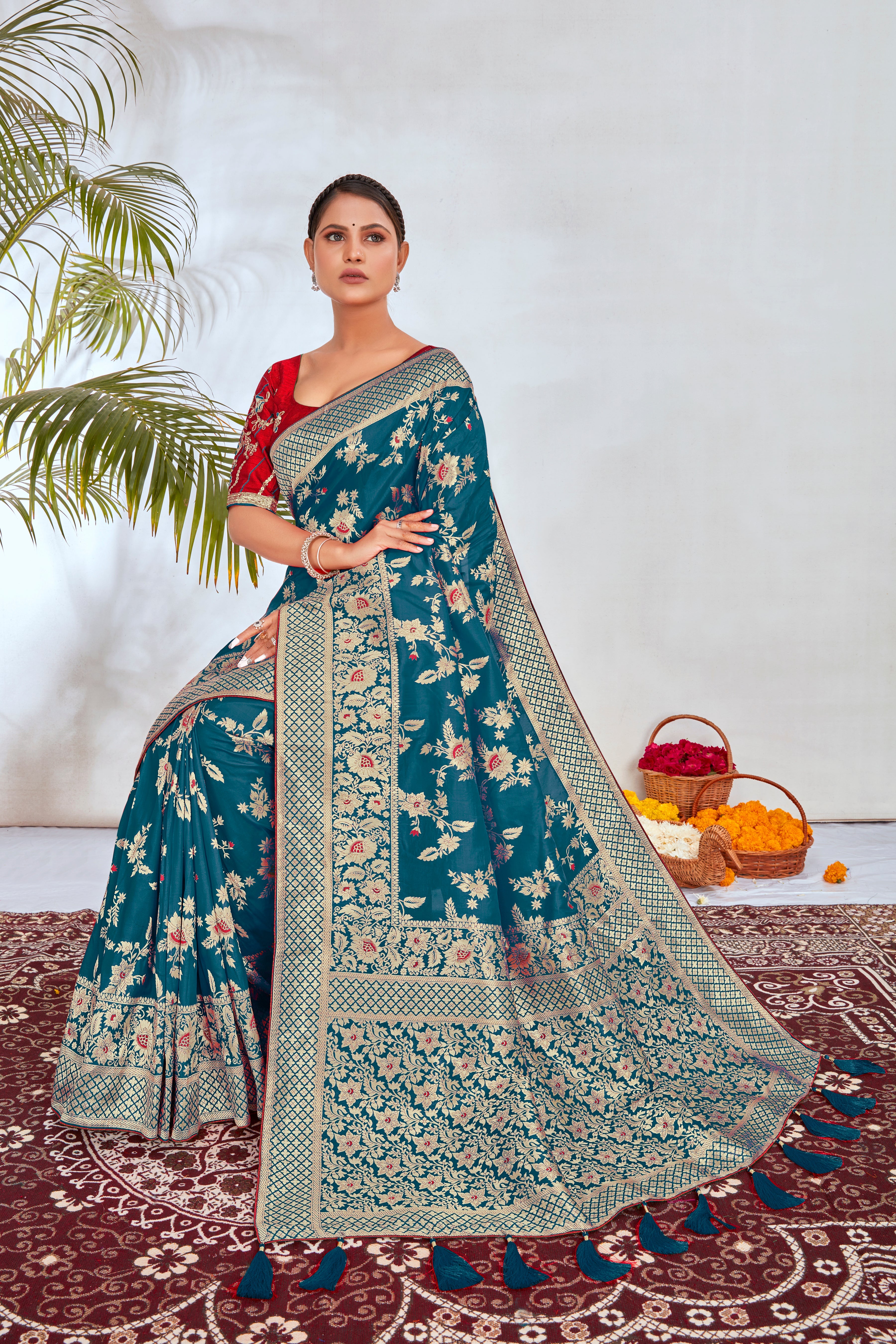 Turquoise Banarasi Silk Blend Woven Elegance Saree