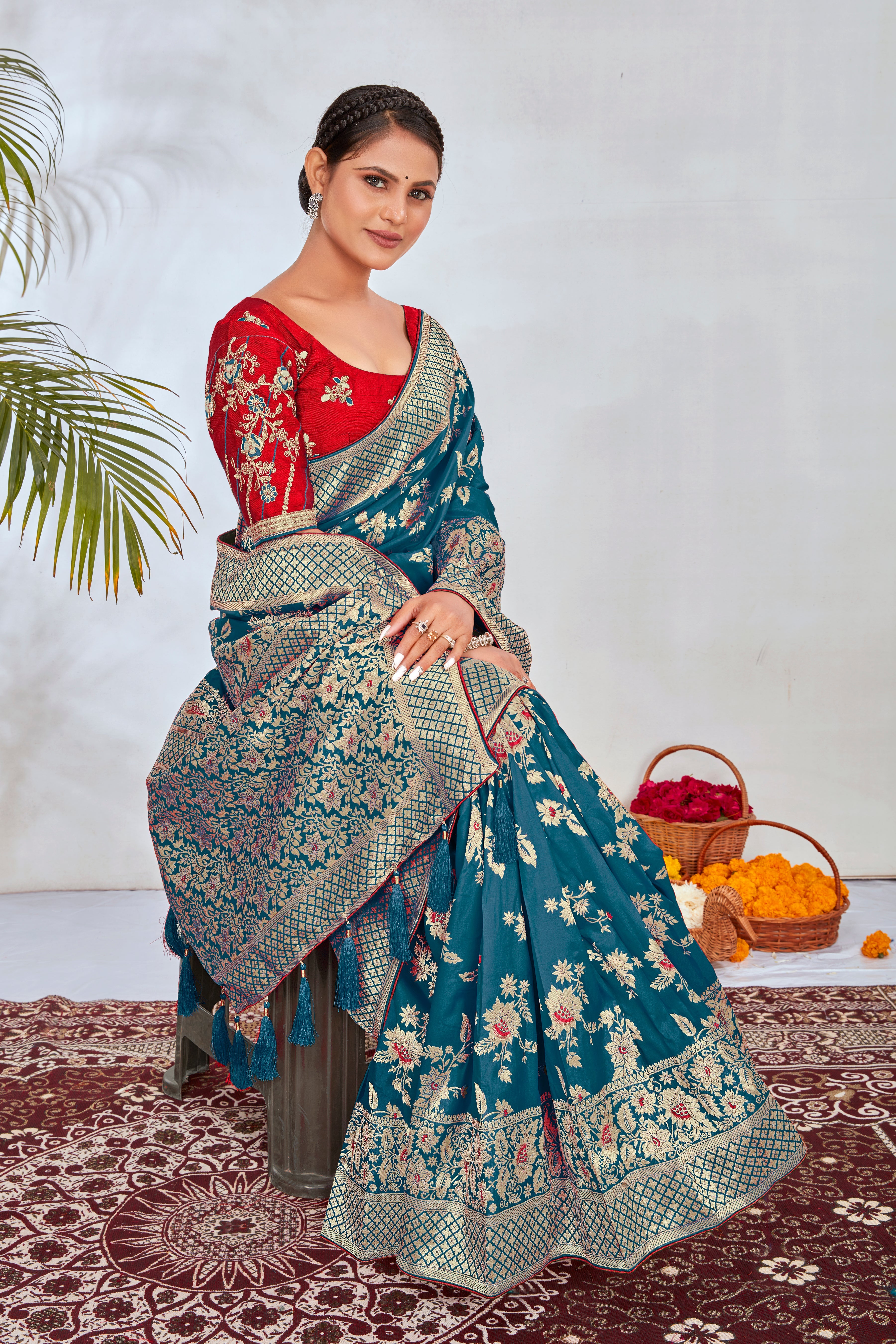 Turquoise Banarasi Silk Blend Woven Elegance Saree