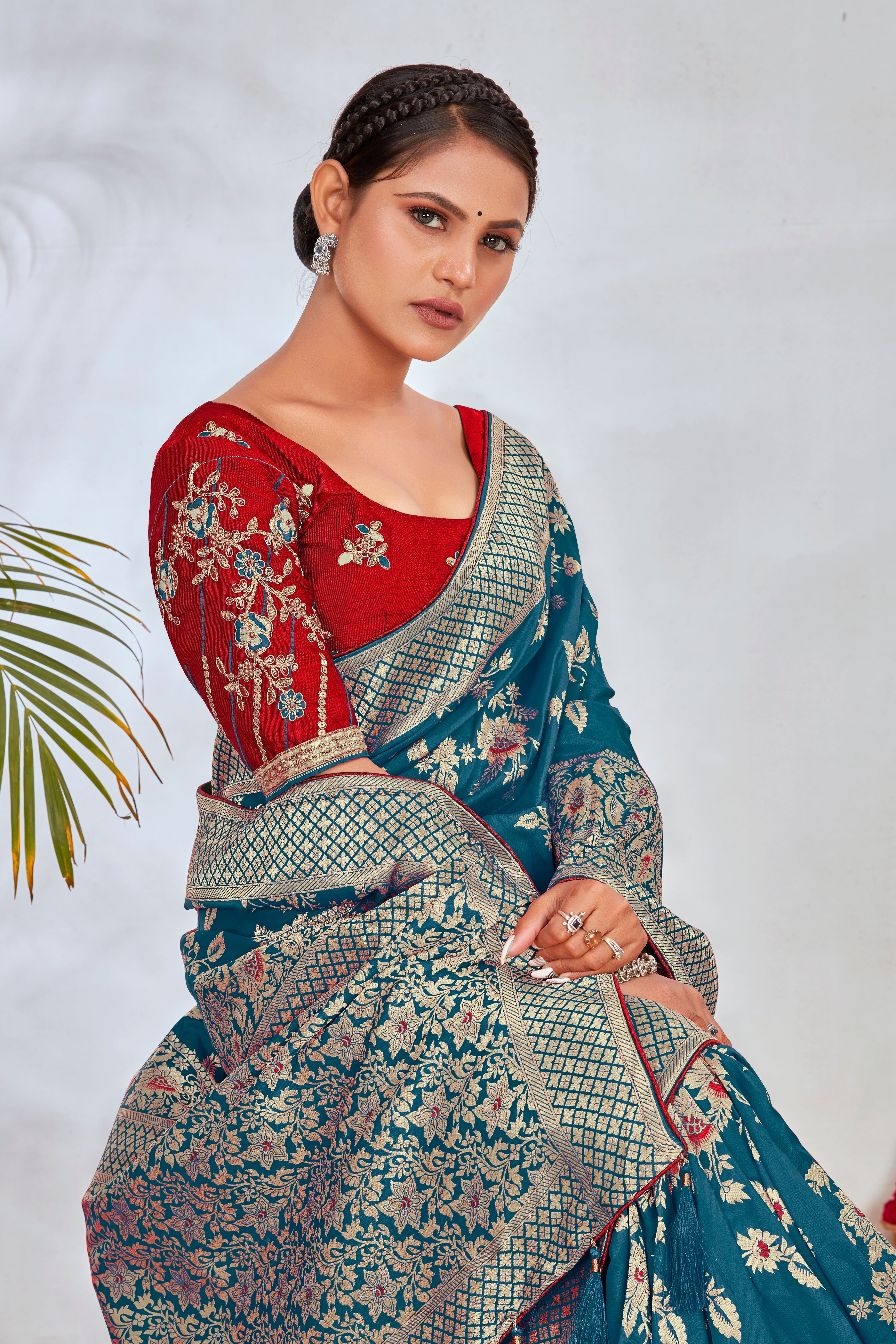 Turquoise Banarasi Silk Blend Woven Elegance Saree