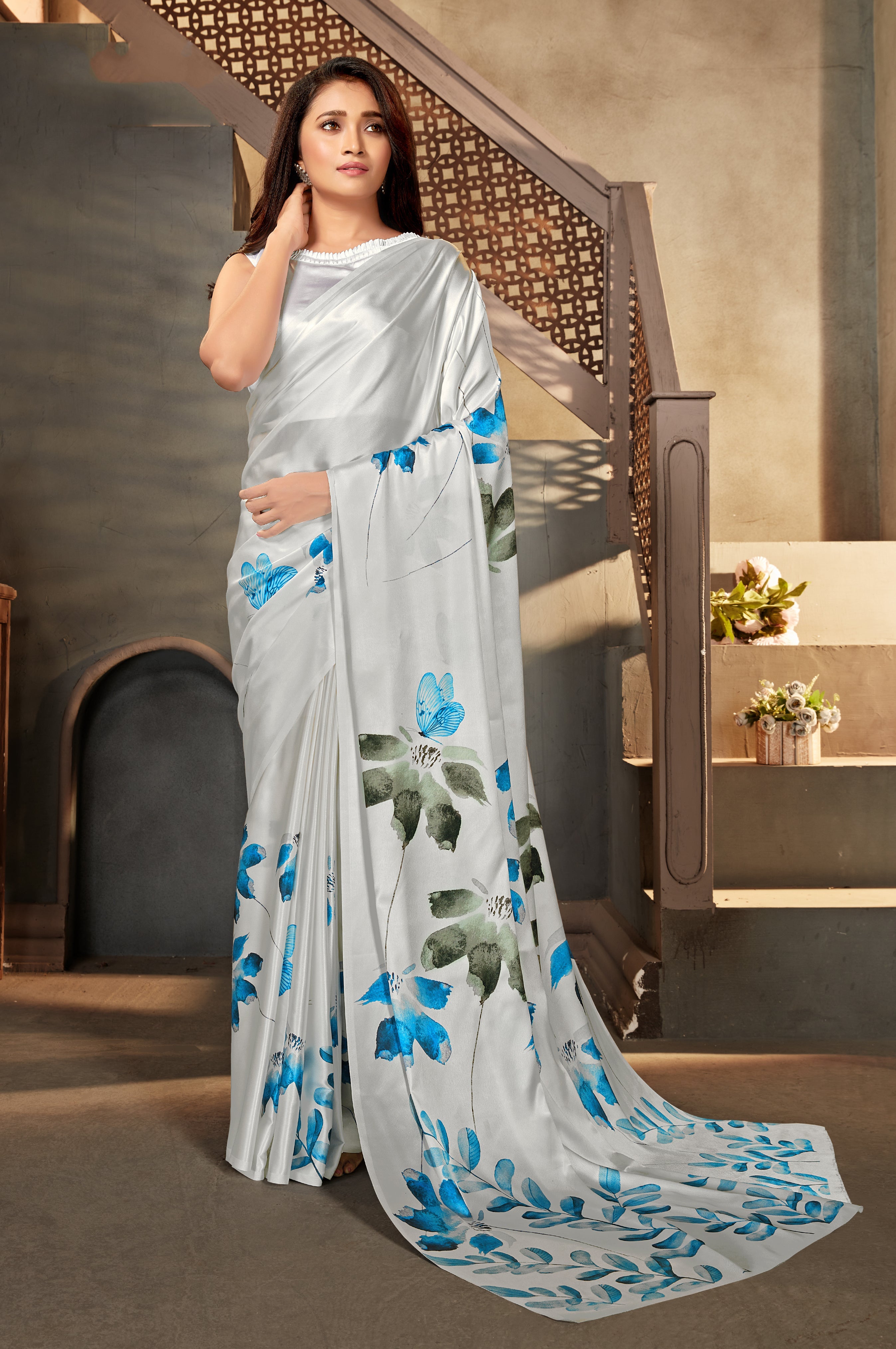 White Satin Crepe Digital Printed Trendy Saree