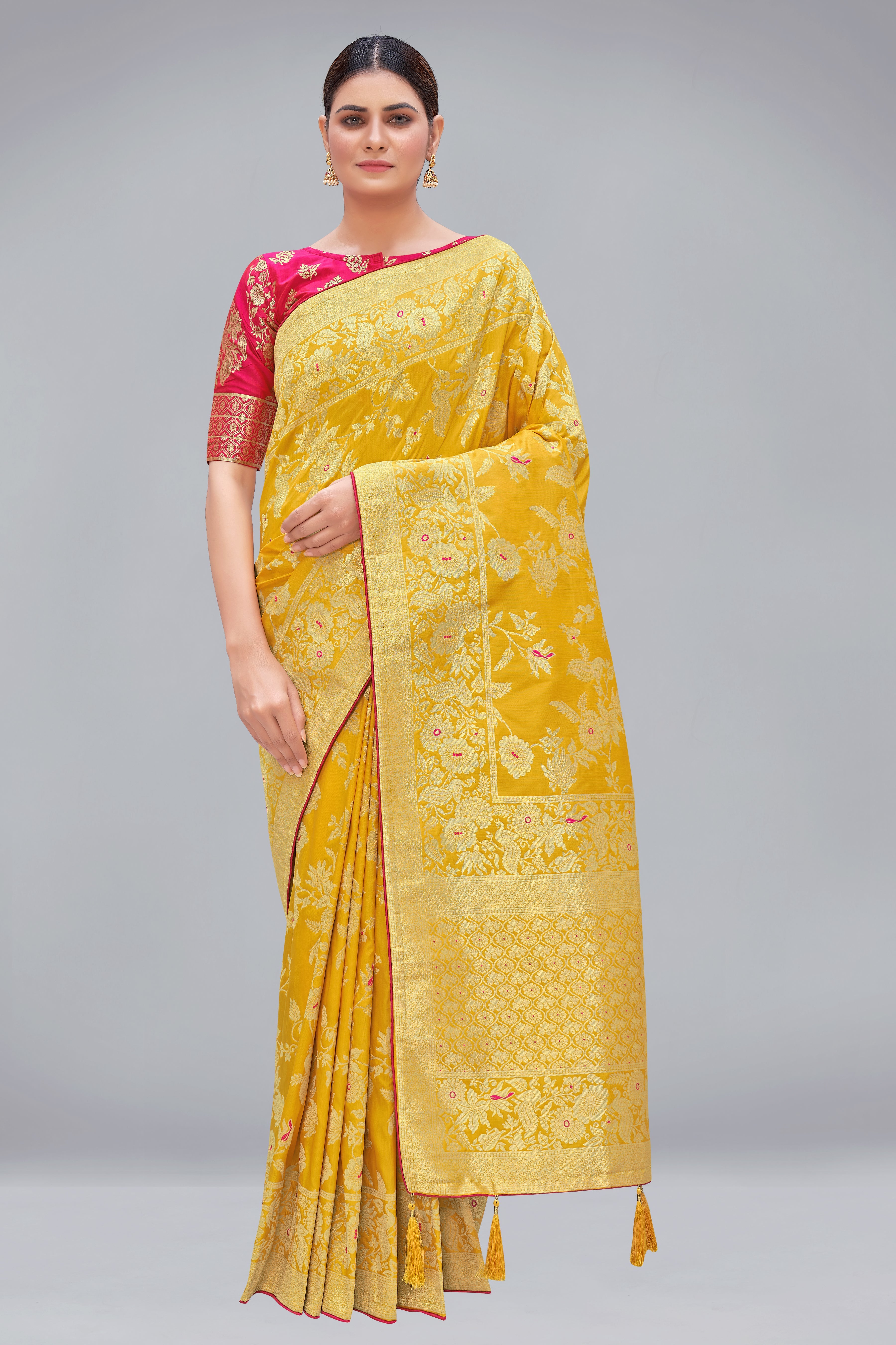 Yellow Banarasi Silk Blend Woven Zari Contemporary Saree