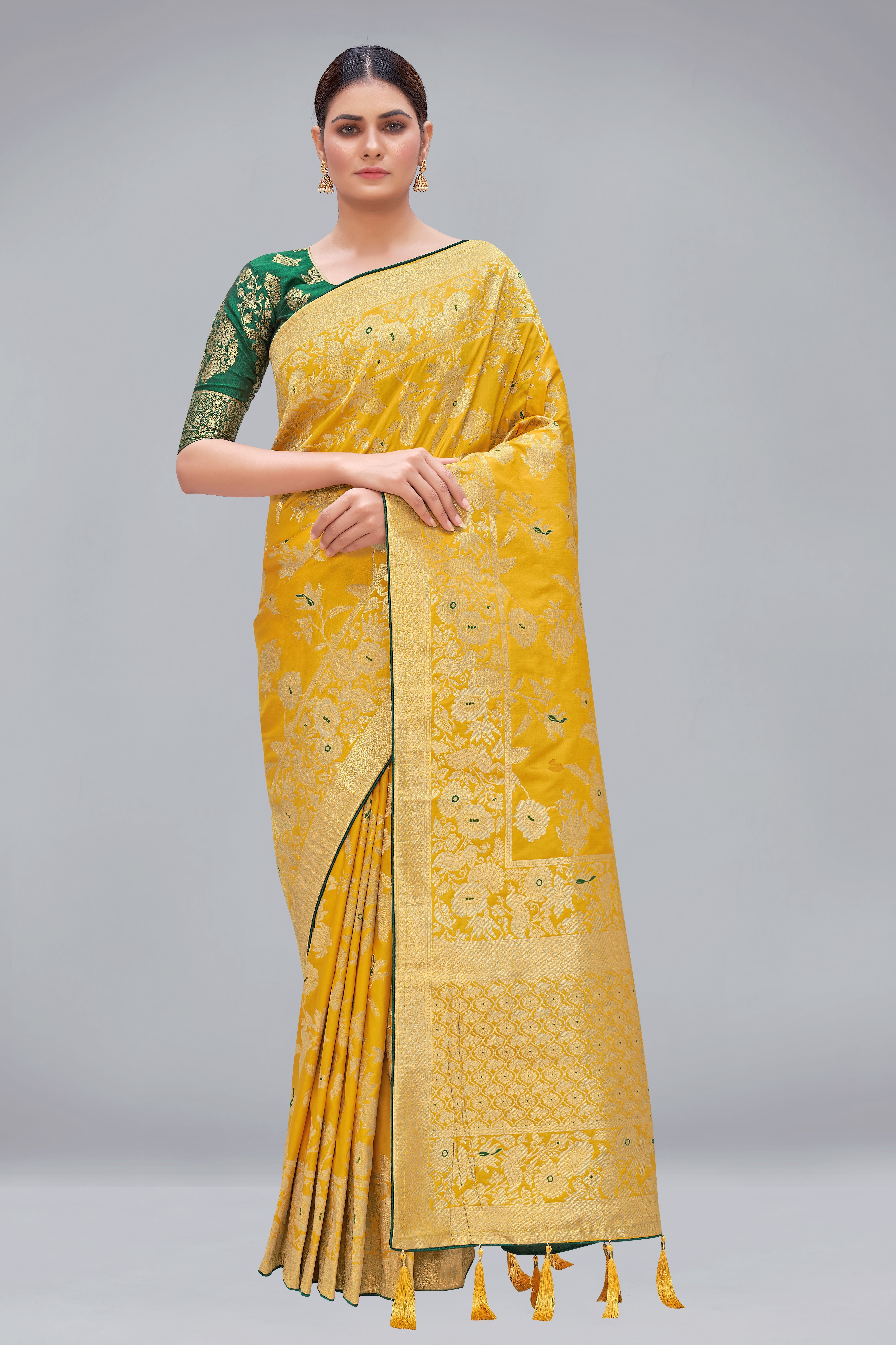 Yellow Banarasi Silk Blend Woven Zari Traditional Saree