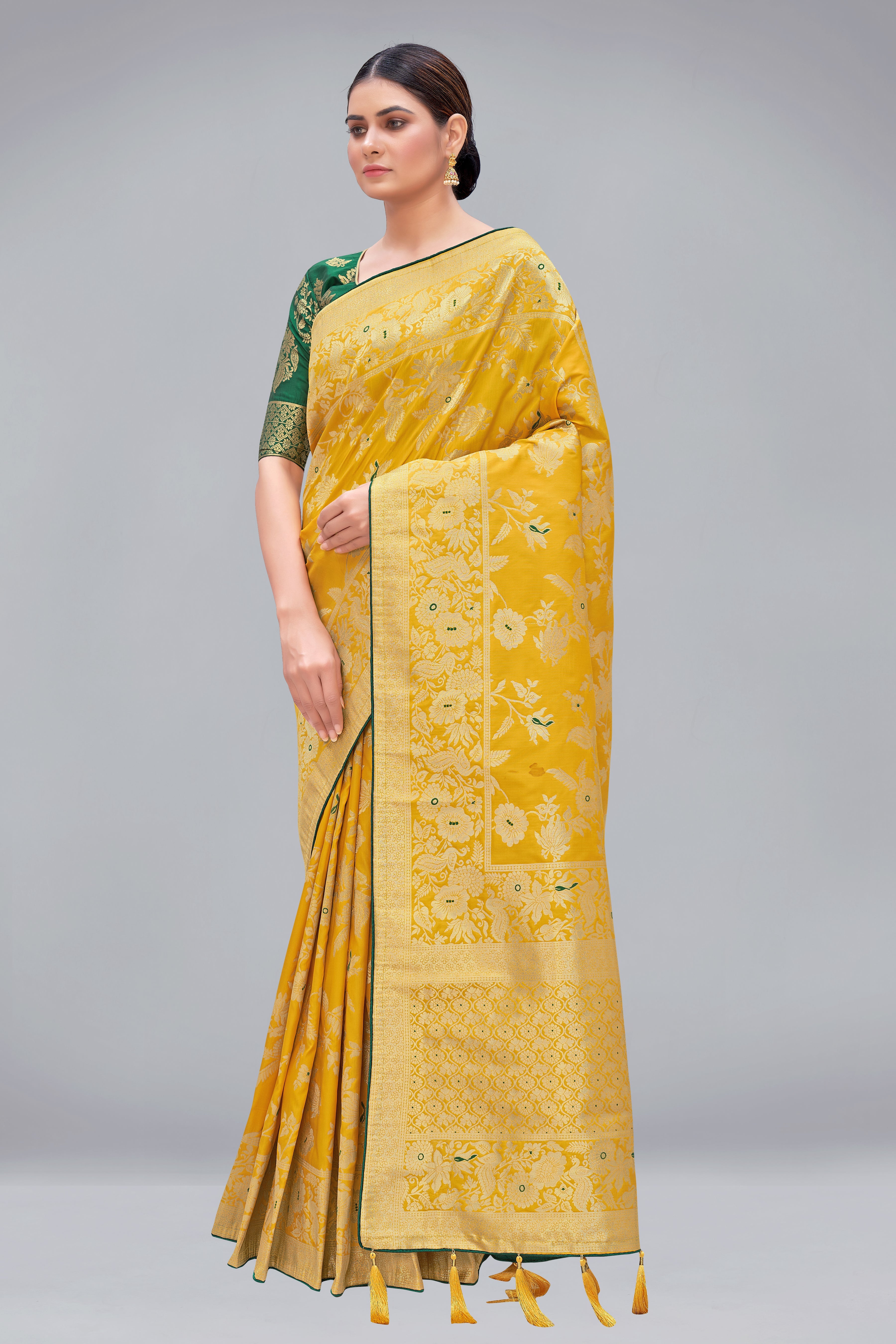 Yellow Banarasi Silk Blend Woven Zari Traditional Saree