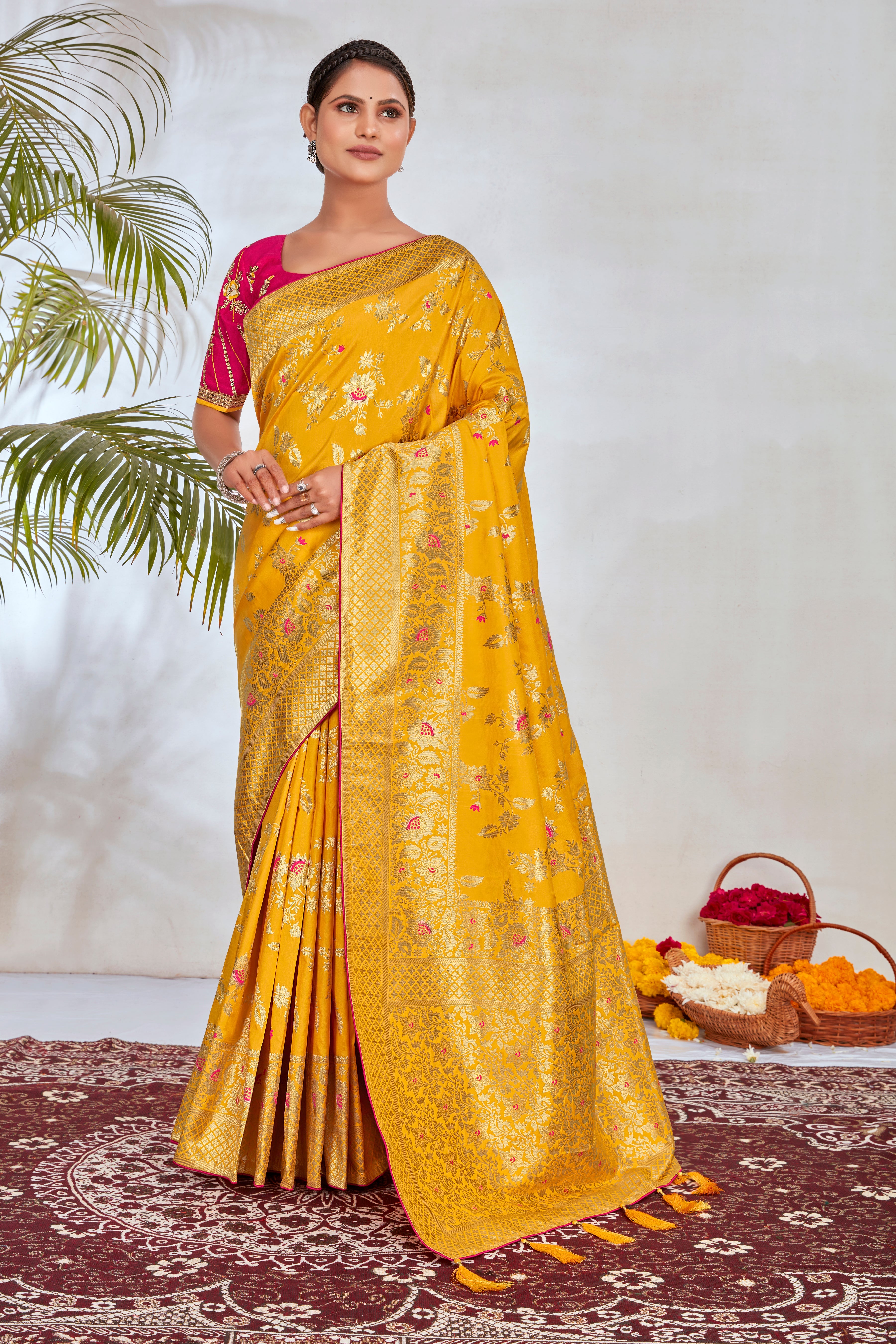 Yellow Banarasi Silk Blend Woven Zari With Tussles Saree
