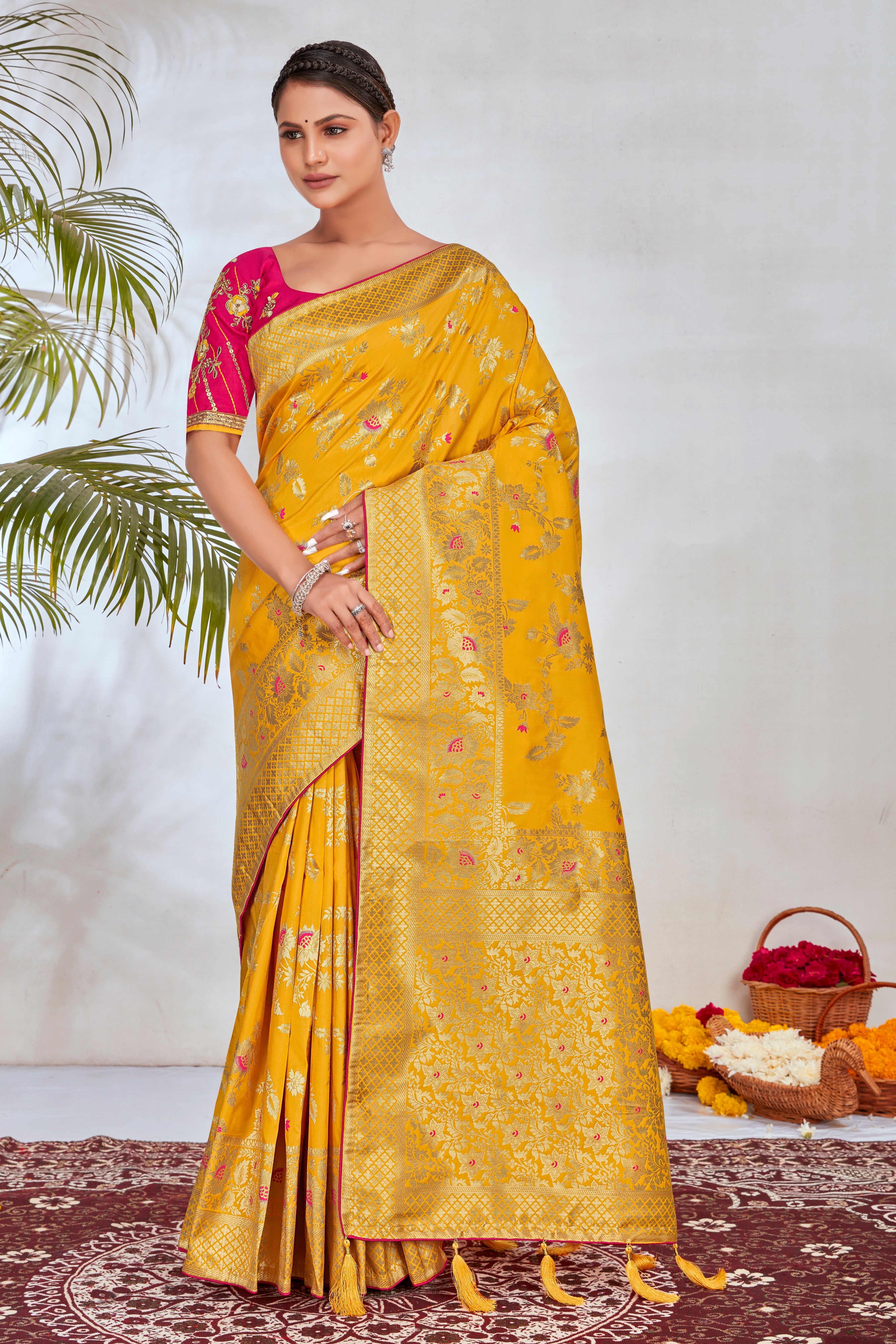 Yellow Banarasi Silk Blend Woven Zari With Tussles Saree