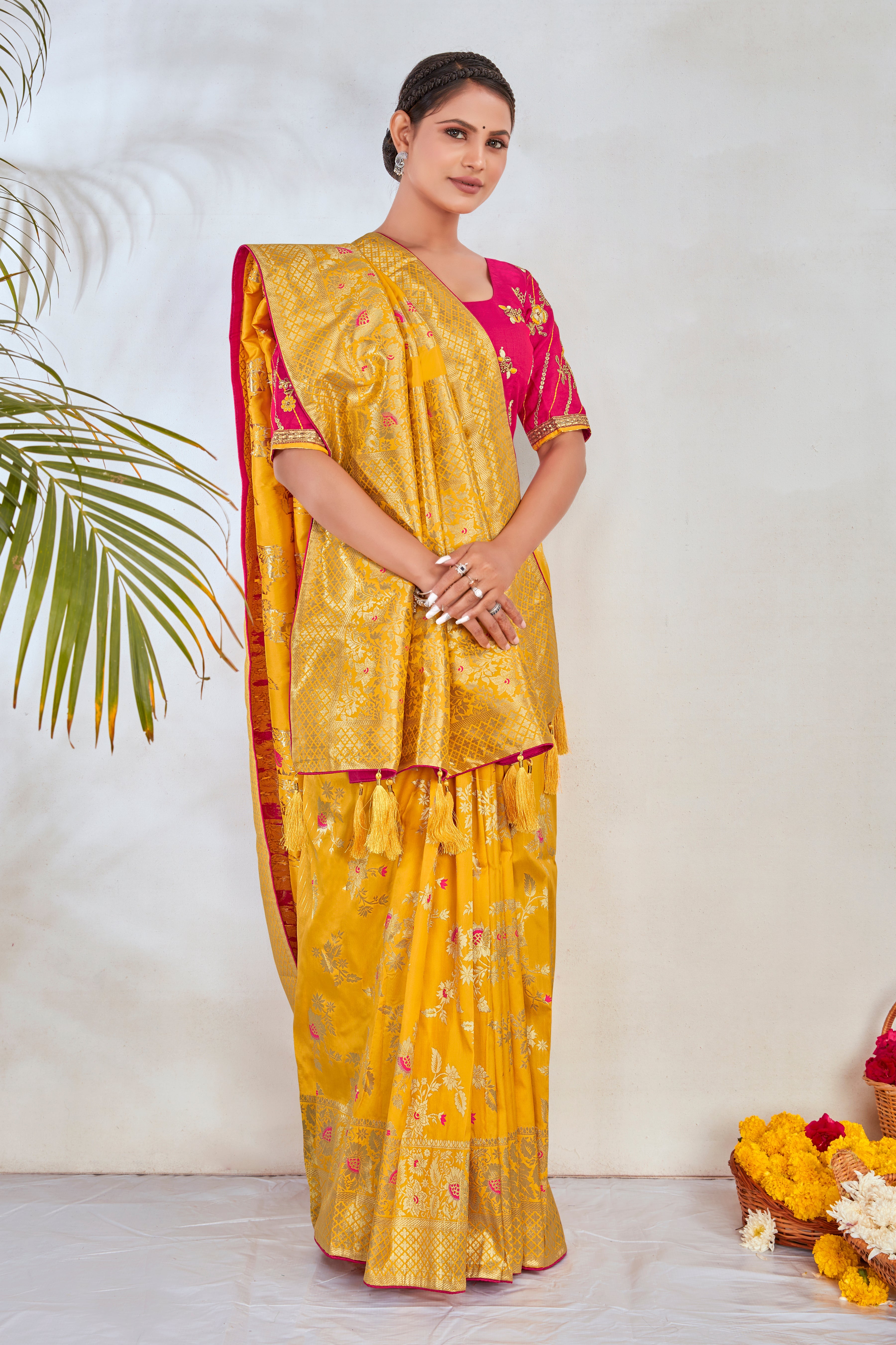 Yellow Banarasi Silk Blend Woven Zari With Tussles Saree
