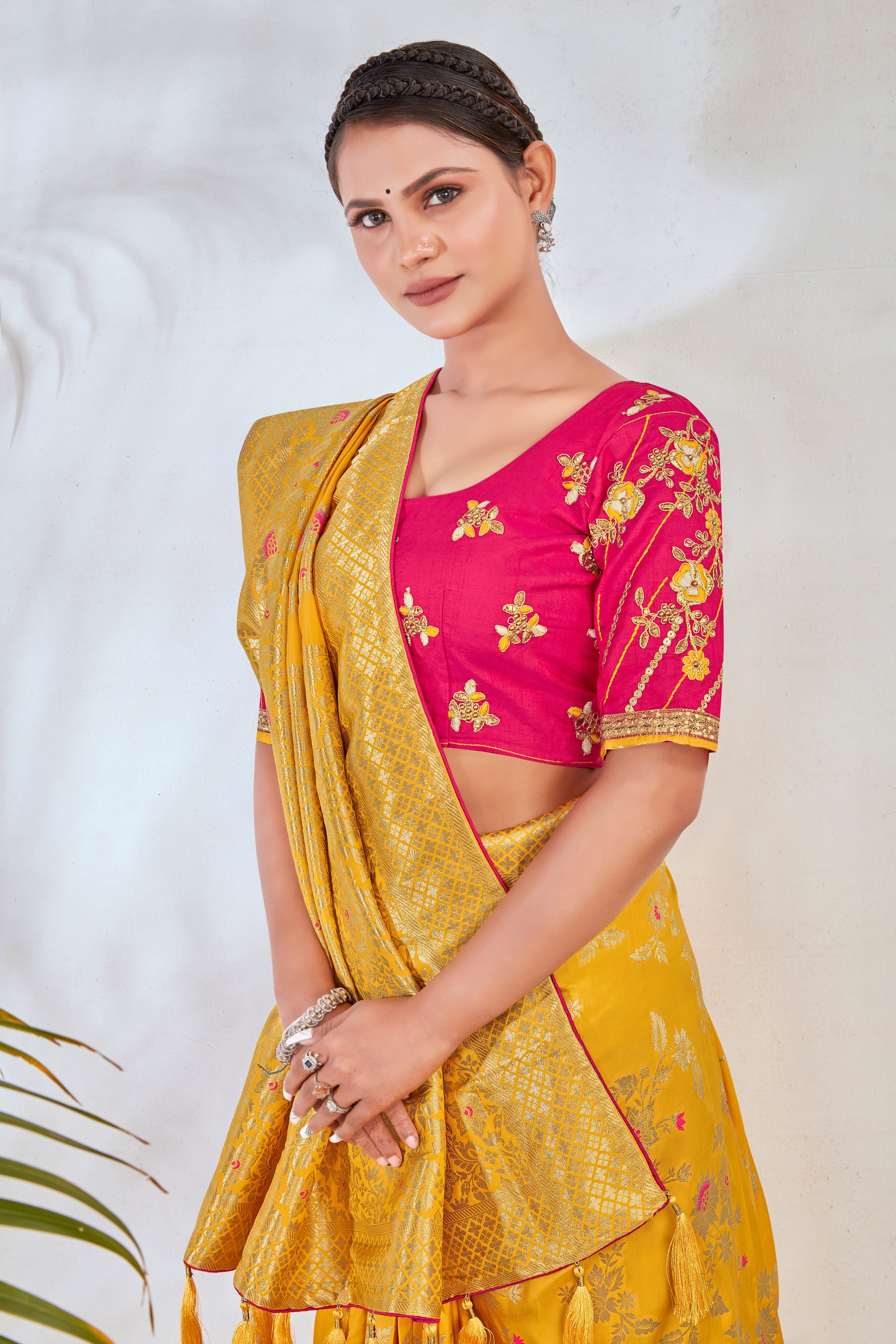 Yellow Banarasi Silk Blend Woven Zari With Tussles Saree