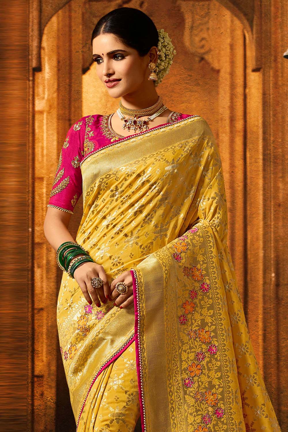 Yellow Banarasi Silk Zari Woven Wedding Saree