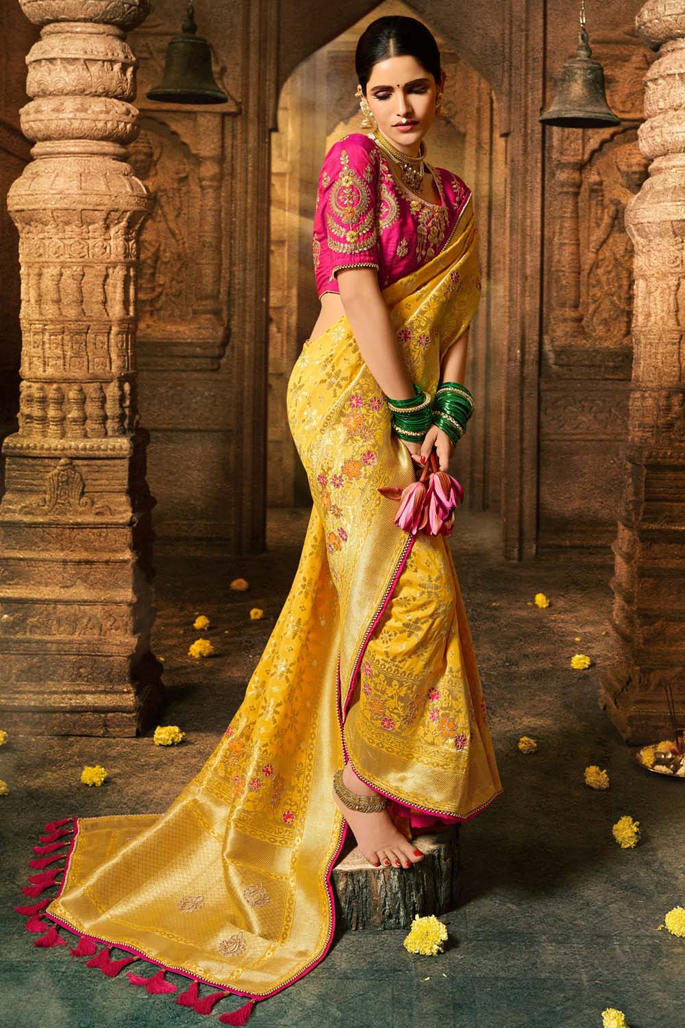 Yellow Banarasi Silk Zari Woven Wedding Saree