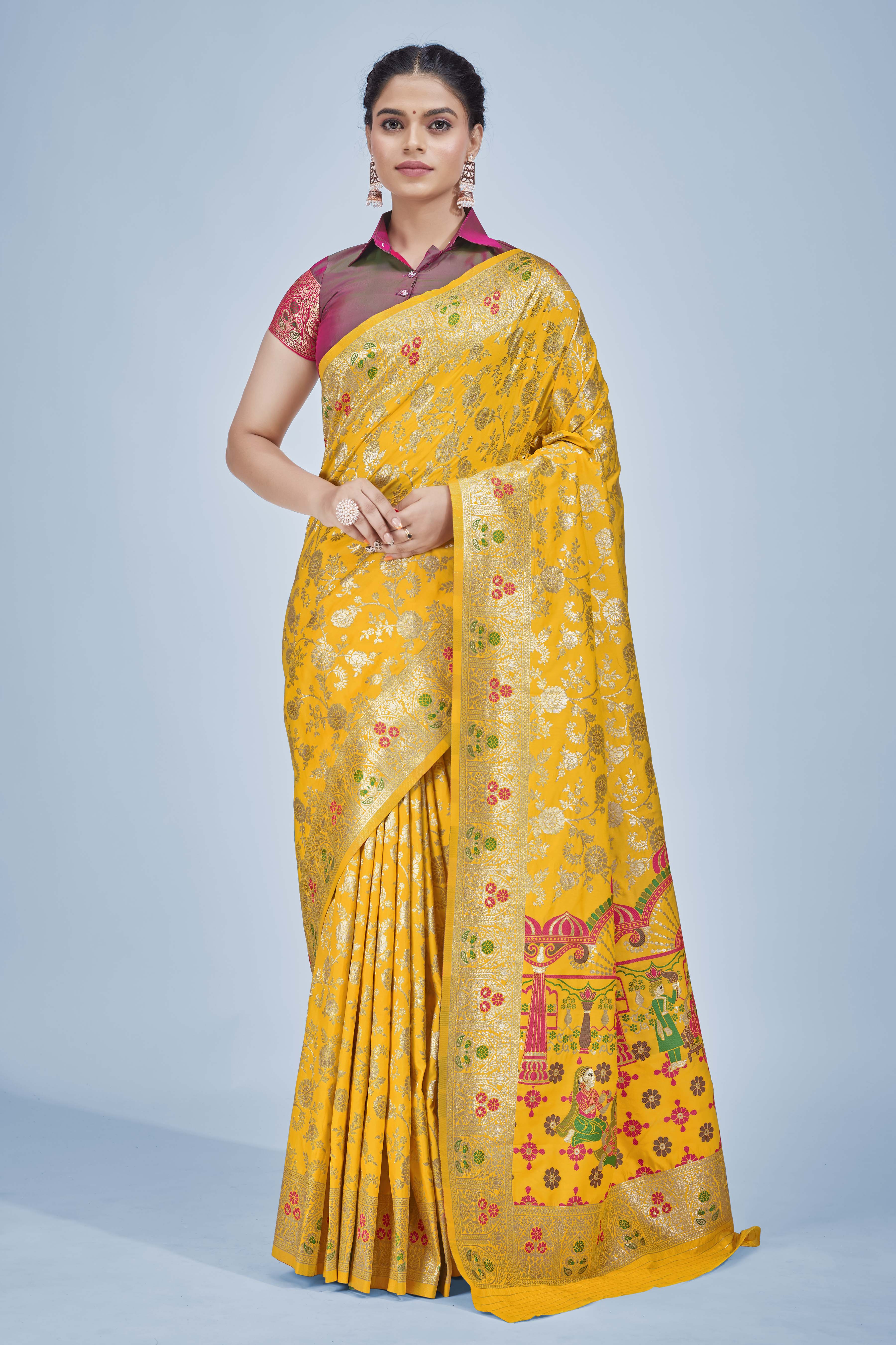 Yellow Banarasi Silk Zari Woven Saree With Blouse Piece
