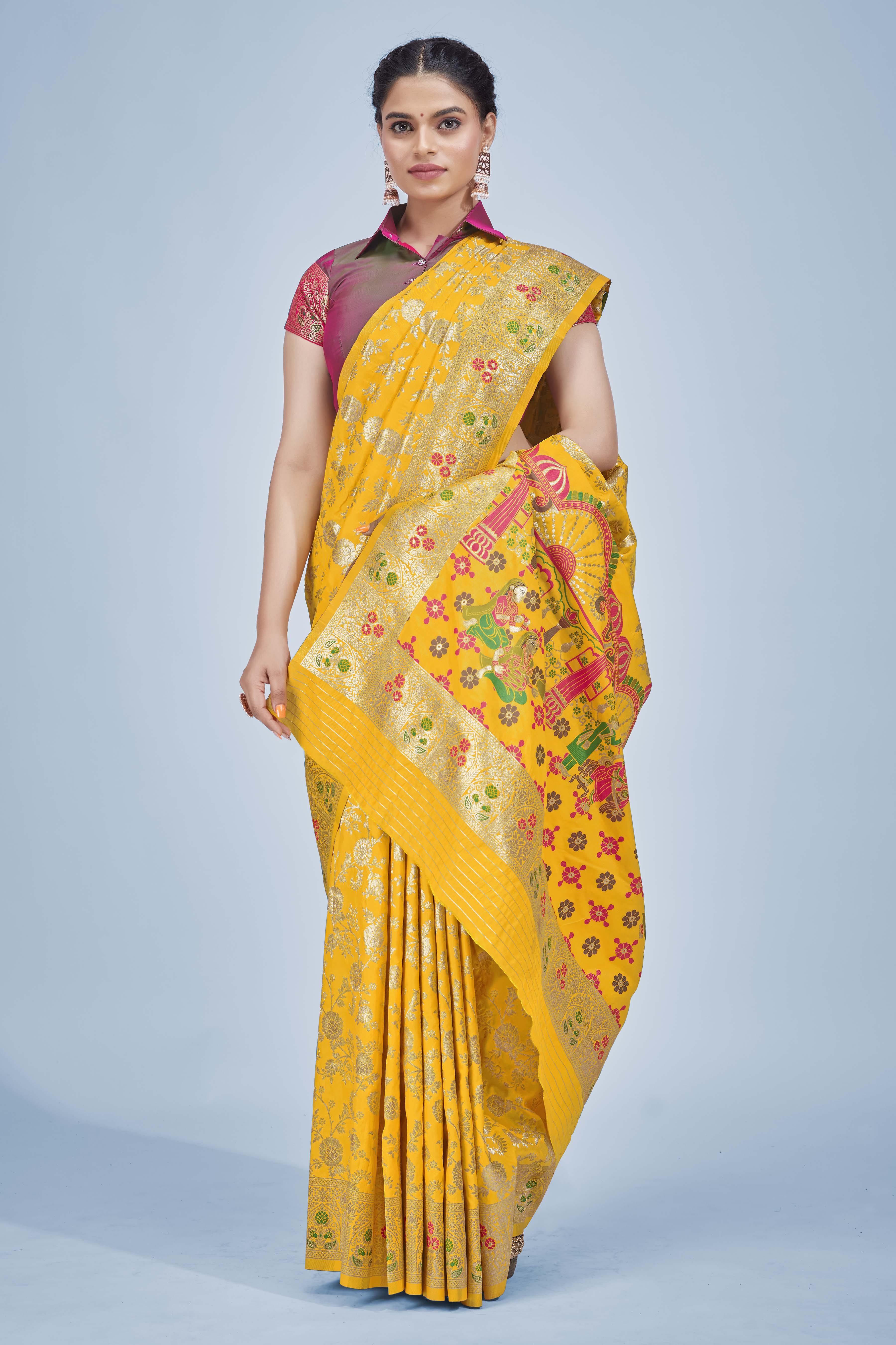 Yellow Banarasi Silk Zari Woven Saree With Blouse Piece