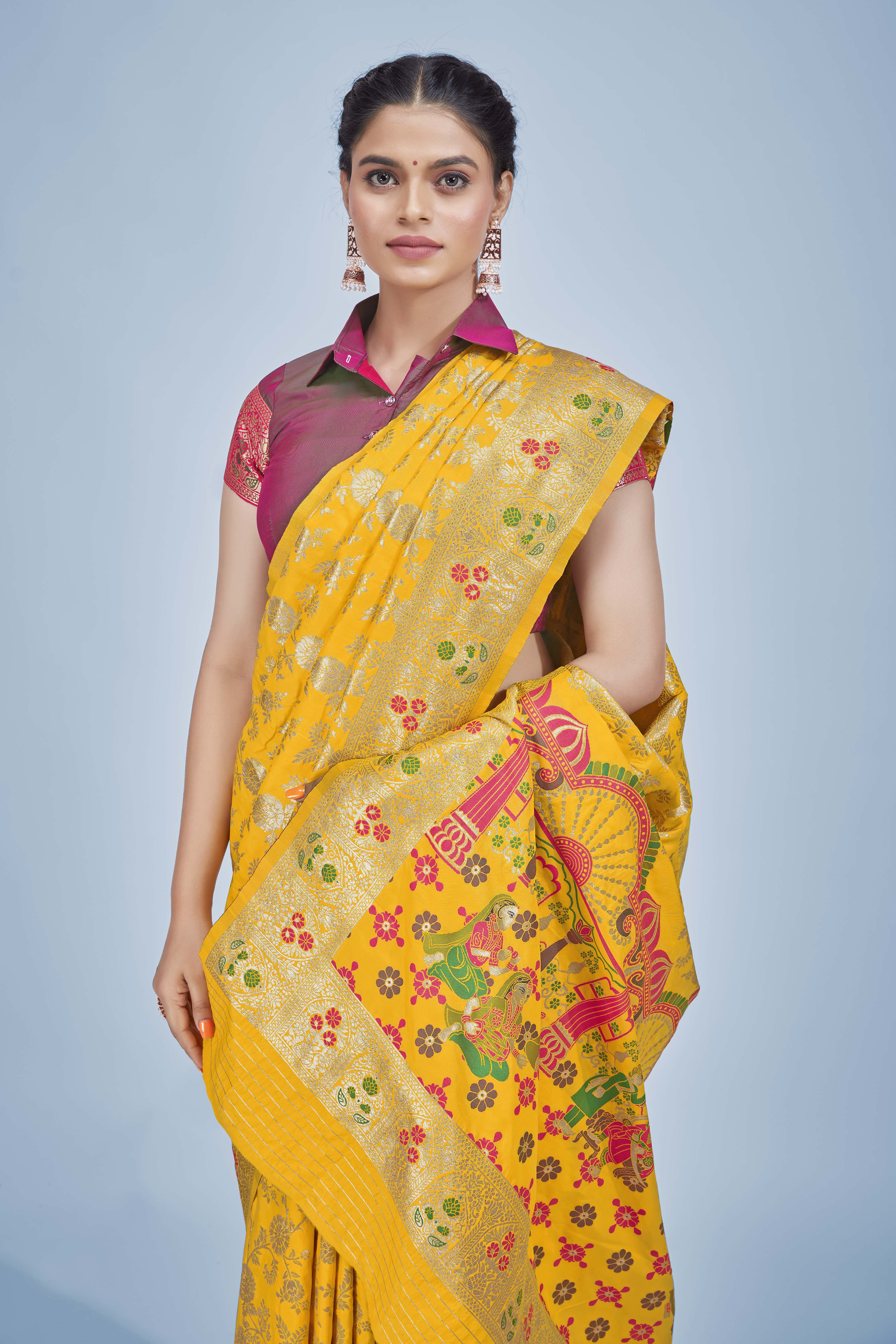 Yellow Banarasi Silk Zari Woven Saree With Blouse Piece