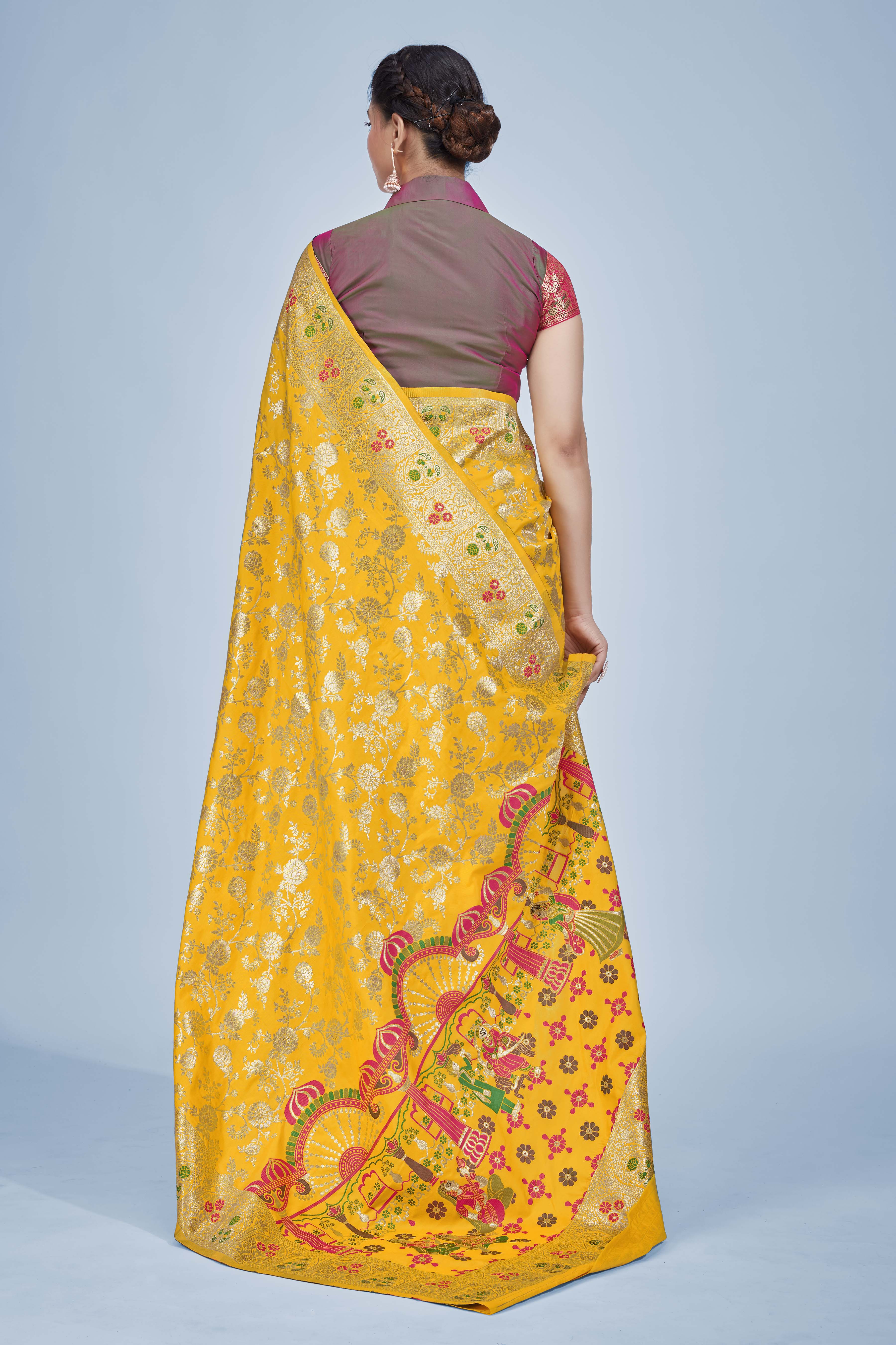 Yellow Banarasi Silk Zari Woven Saree With Blouse Piece