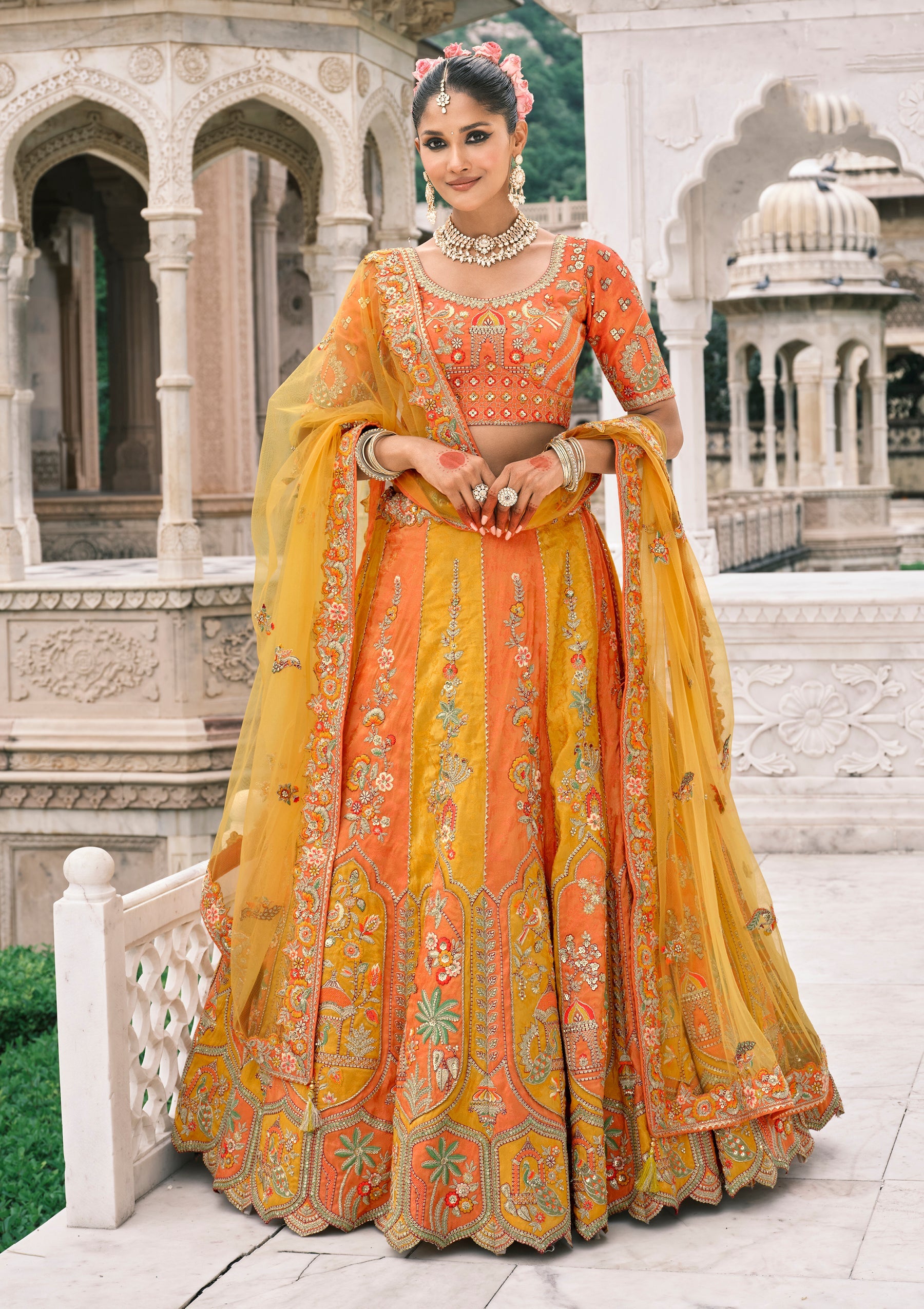 Yellow And Orange Silk Bridal Lehenga With Sequins Embroidery And Stone Work