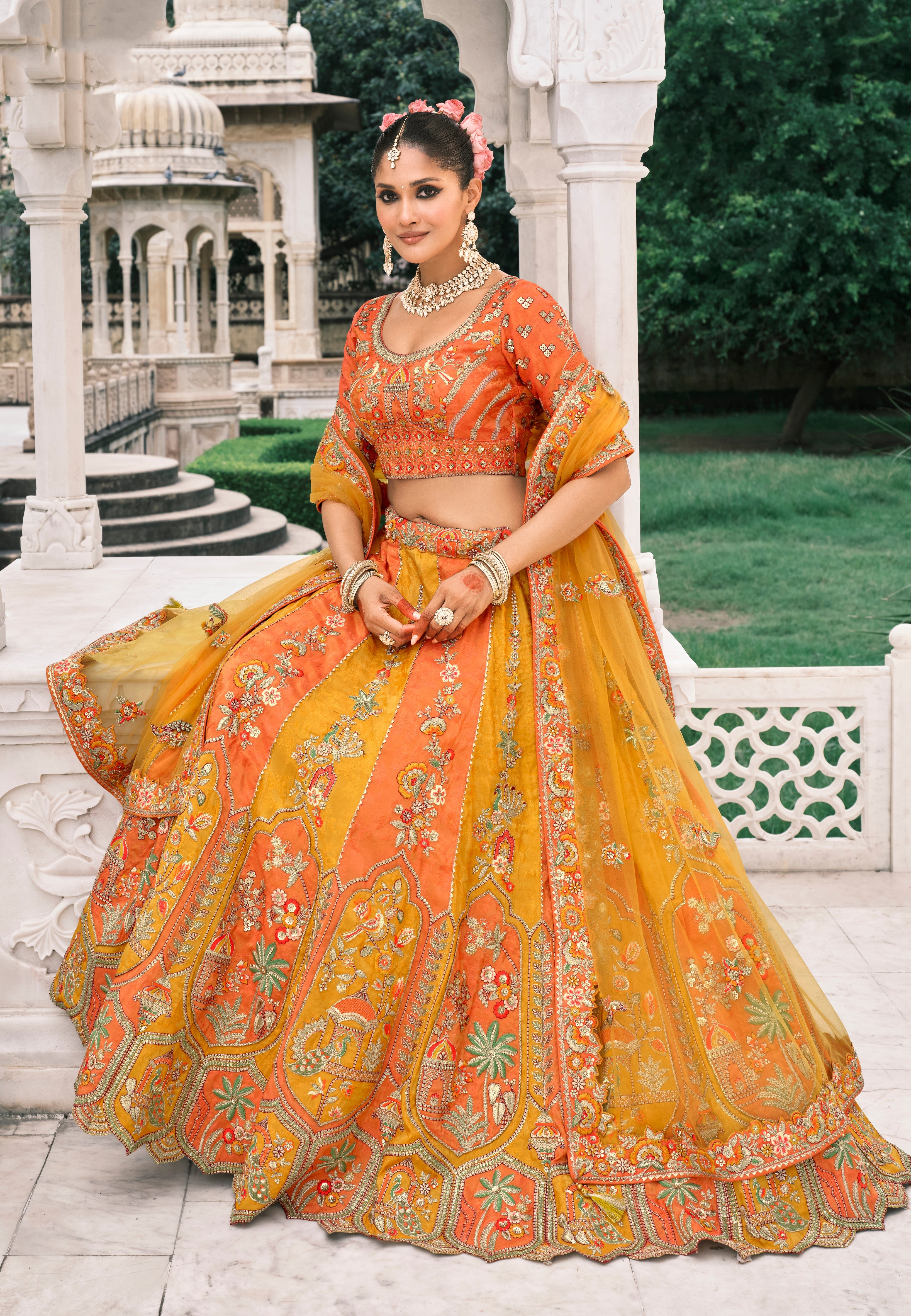 Yellow And Orange Silk Bridal Lehenga With Sequins Embroidery And Stone Work