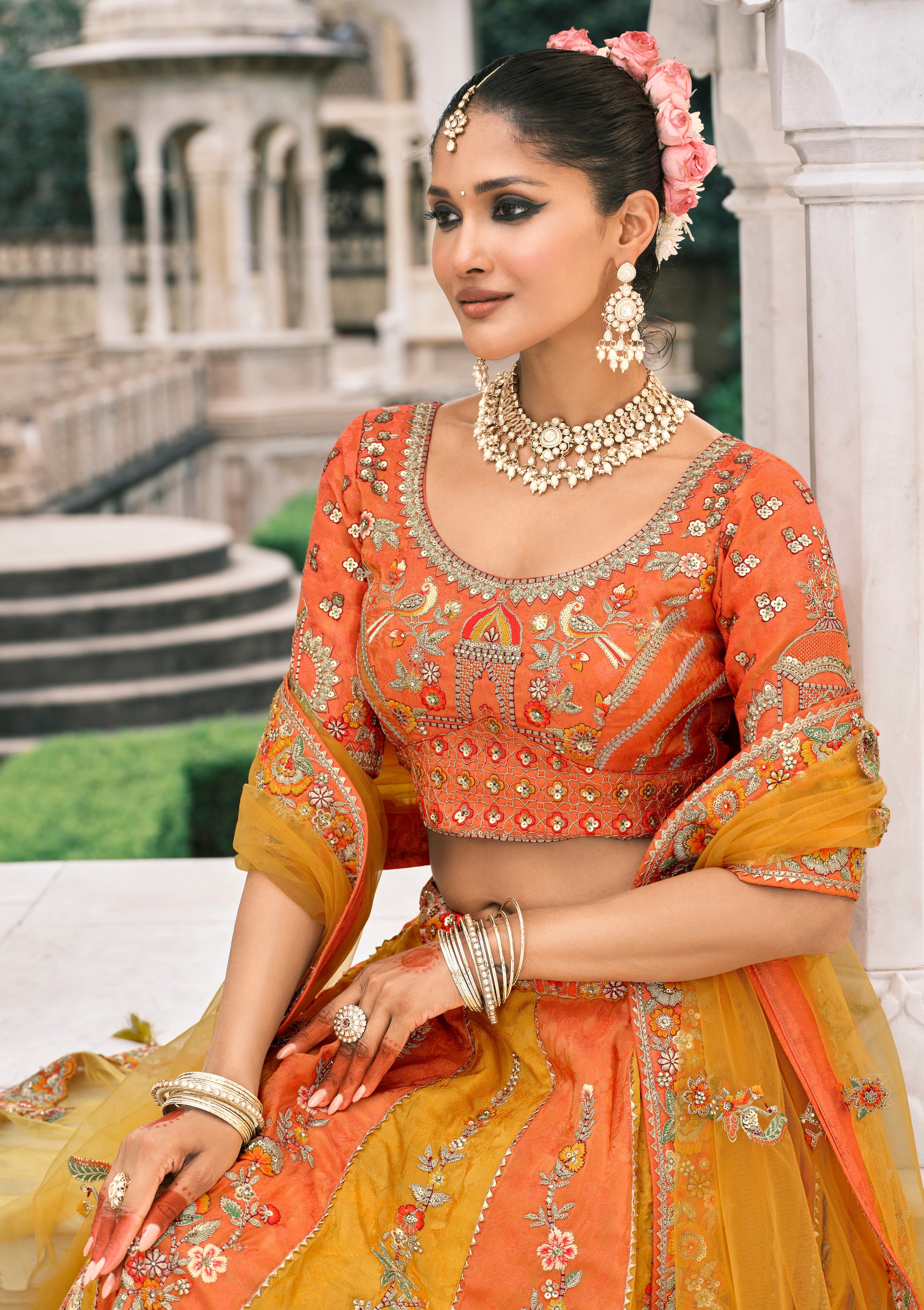 Yellow And Orange Silk Bridal Lehenga With Sequins Embroidery And Stone Work