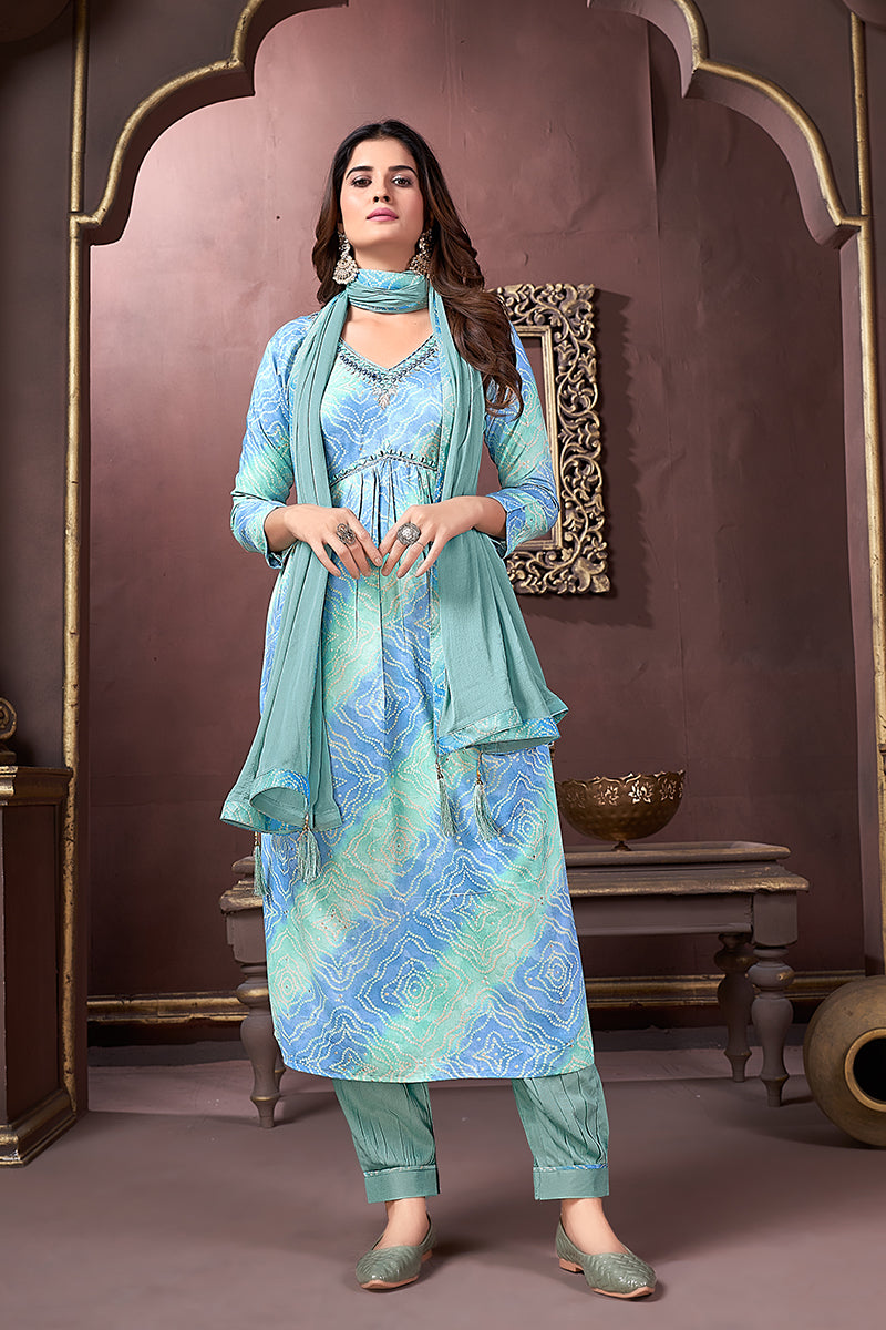 Light blue Rayon Printed Festival Wear Afghani Suit