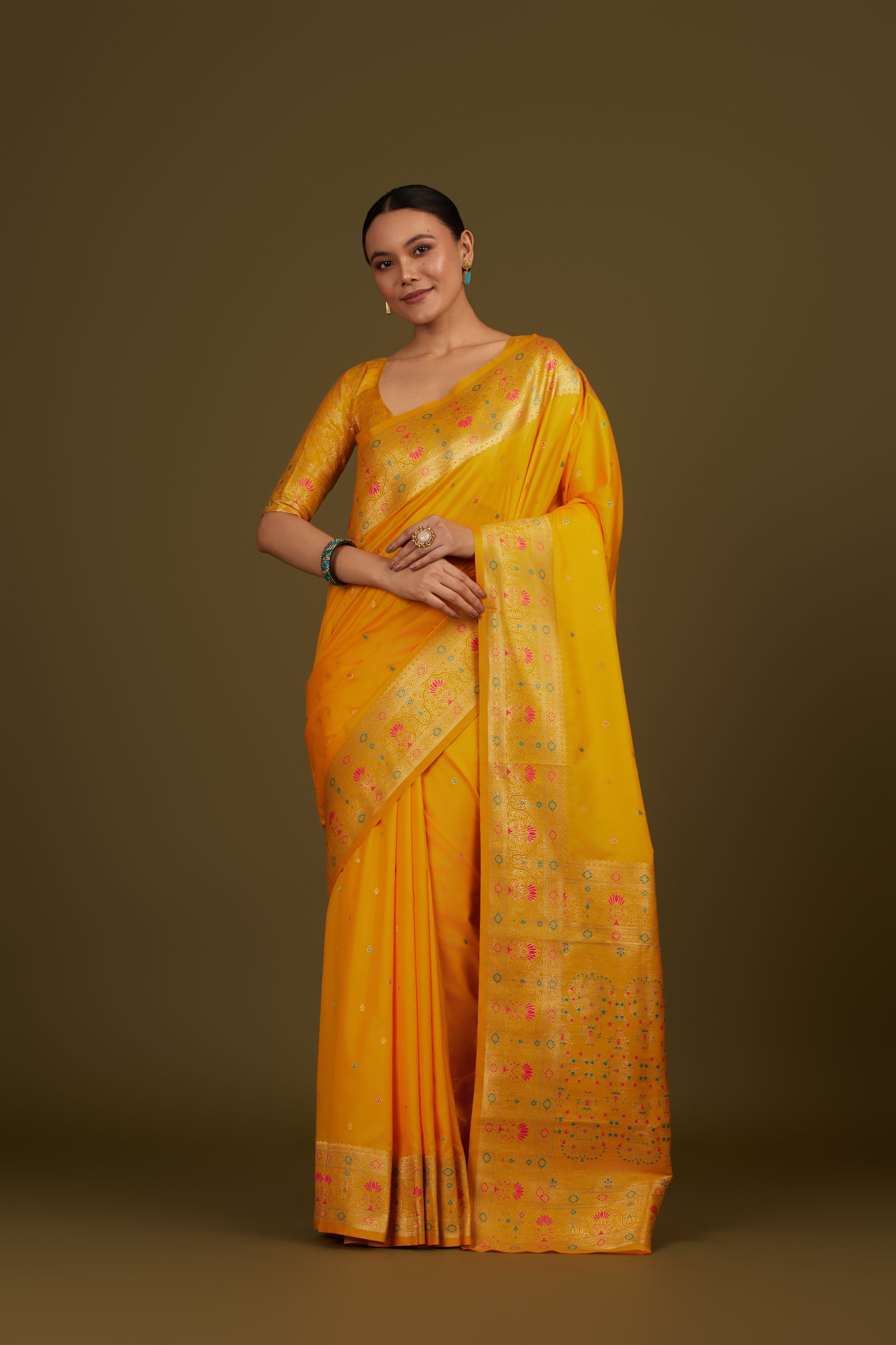 Yellow Banarasi Silk Blend Brocade Motifs Zari Woven Saree