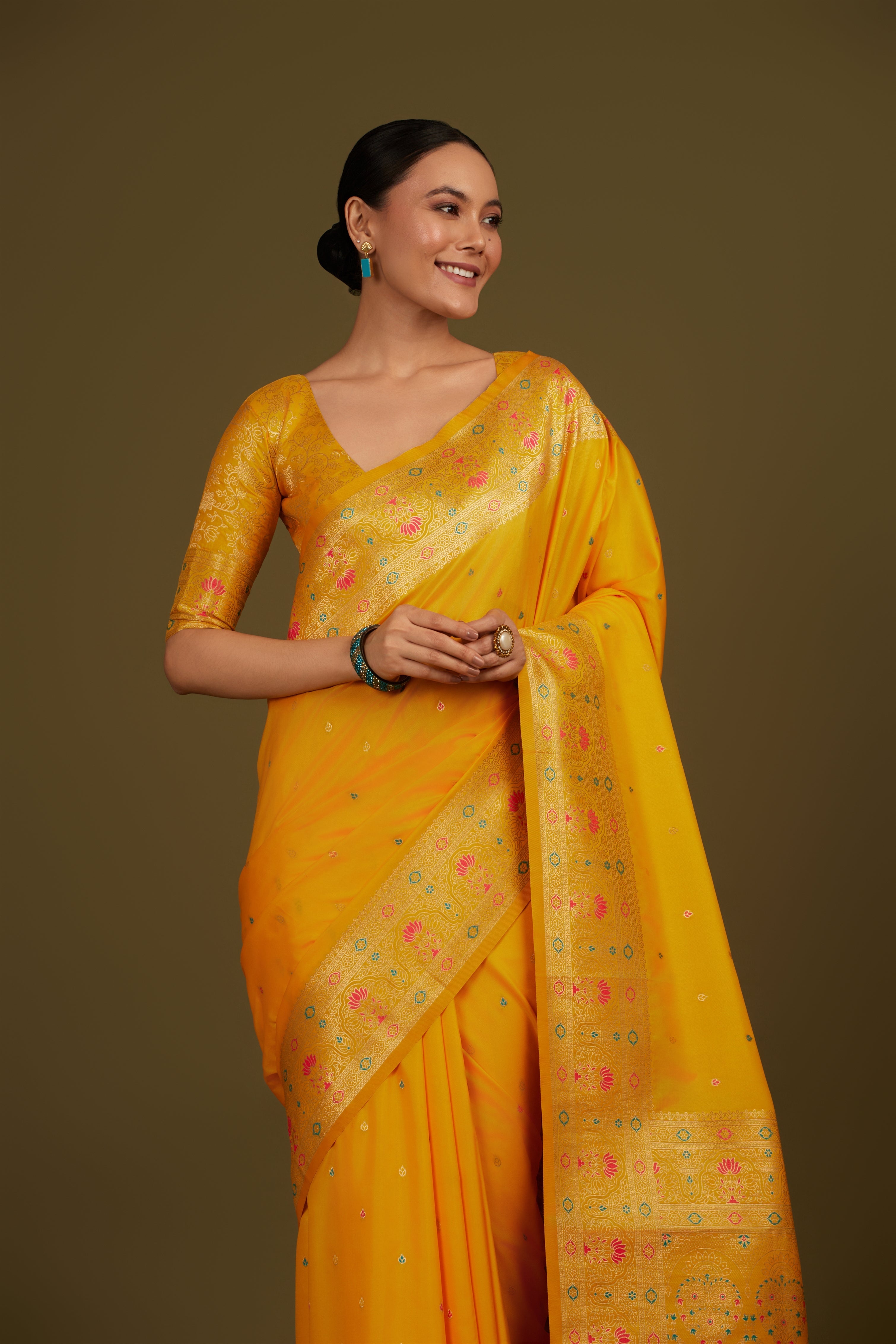 Yellow Banarasi Silk Blend Brocade Motifs Zari Woven Saree