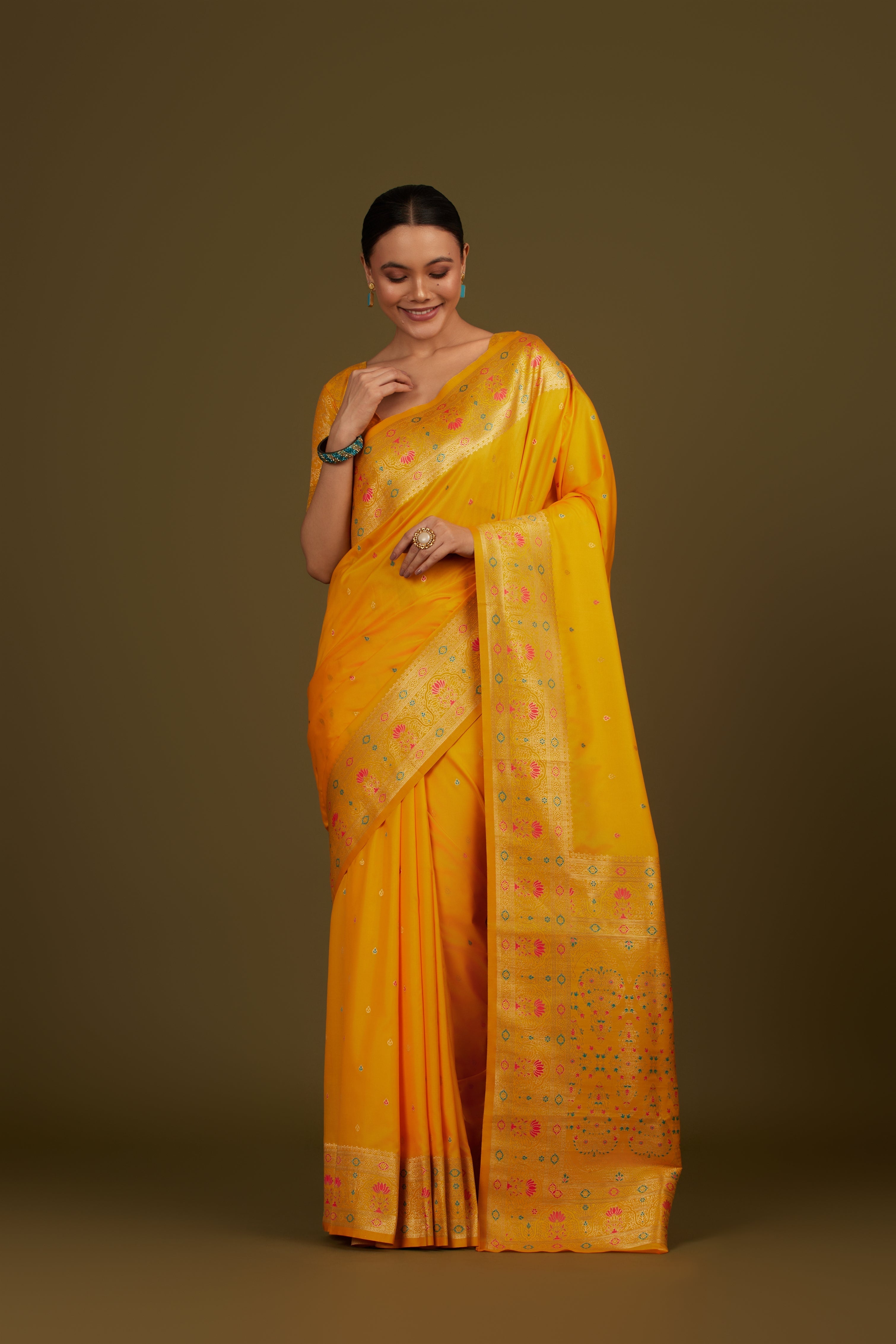 Cyan Banarasi Silk Blend Brocade Motifs Zari Woven Saree