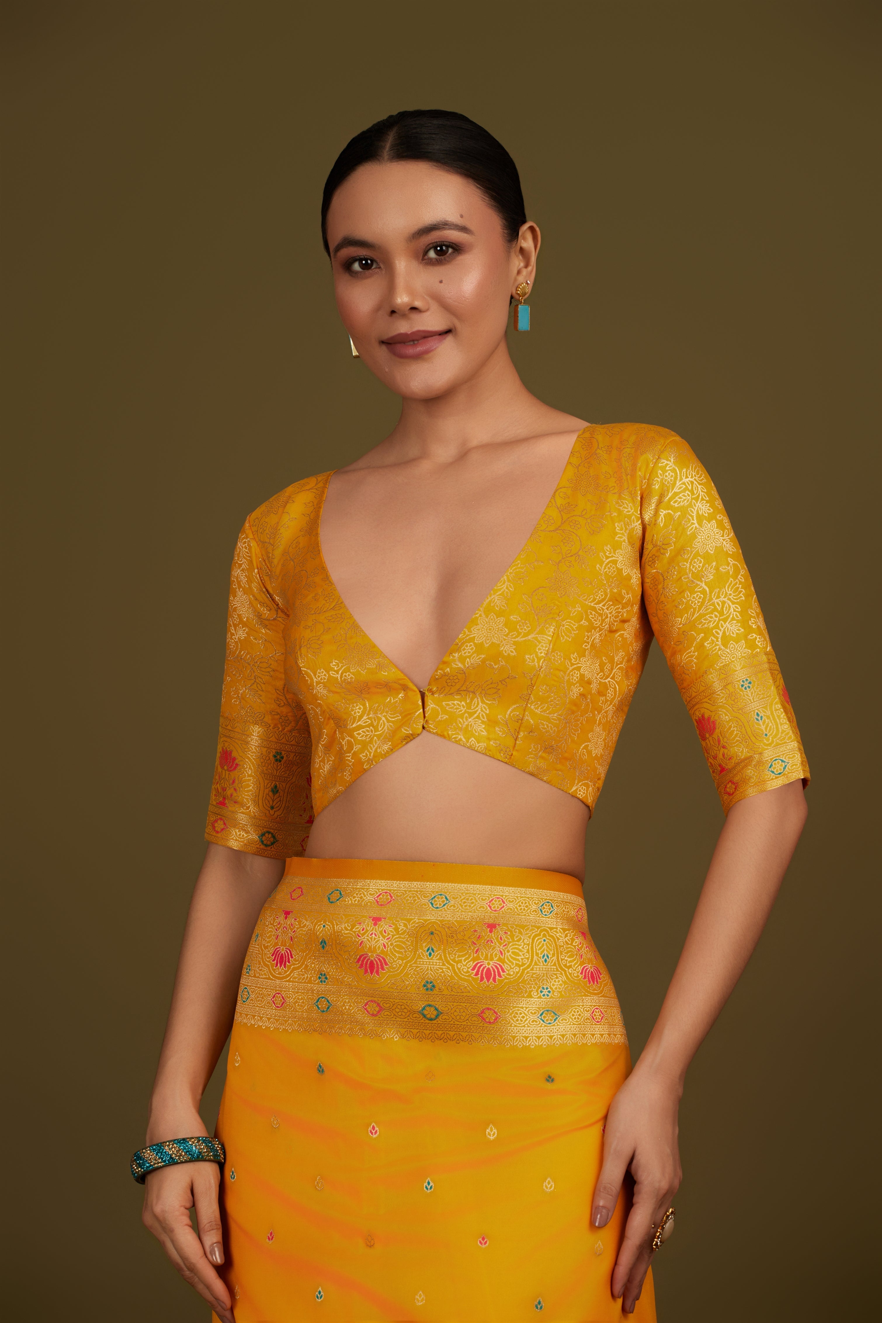 Cyan Banarasi Silk Blend Brocade Motifs Zari Woven Saree