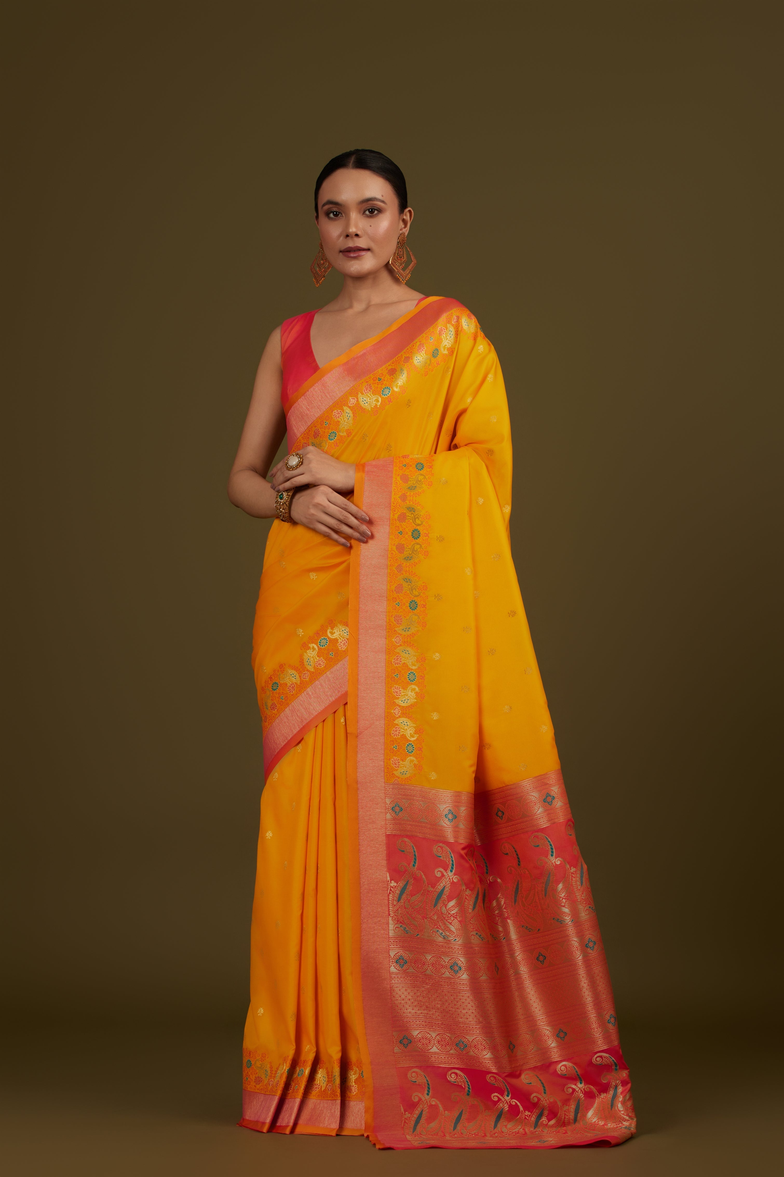 Yellow Banarasi Silk Blend Paisley Zari Pallu Saree