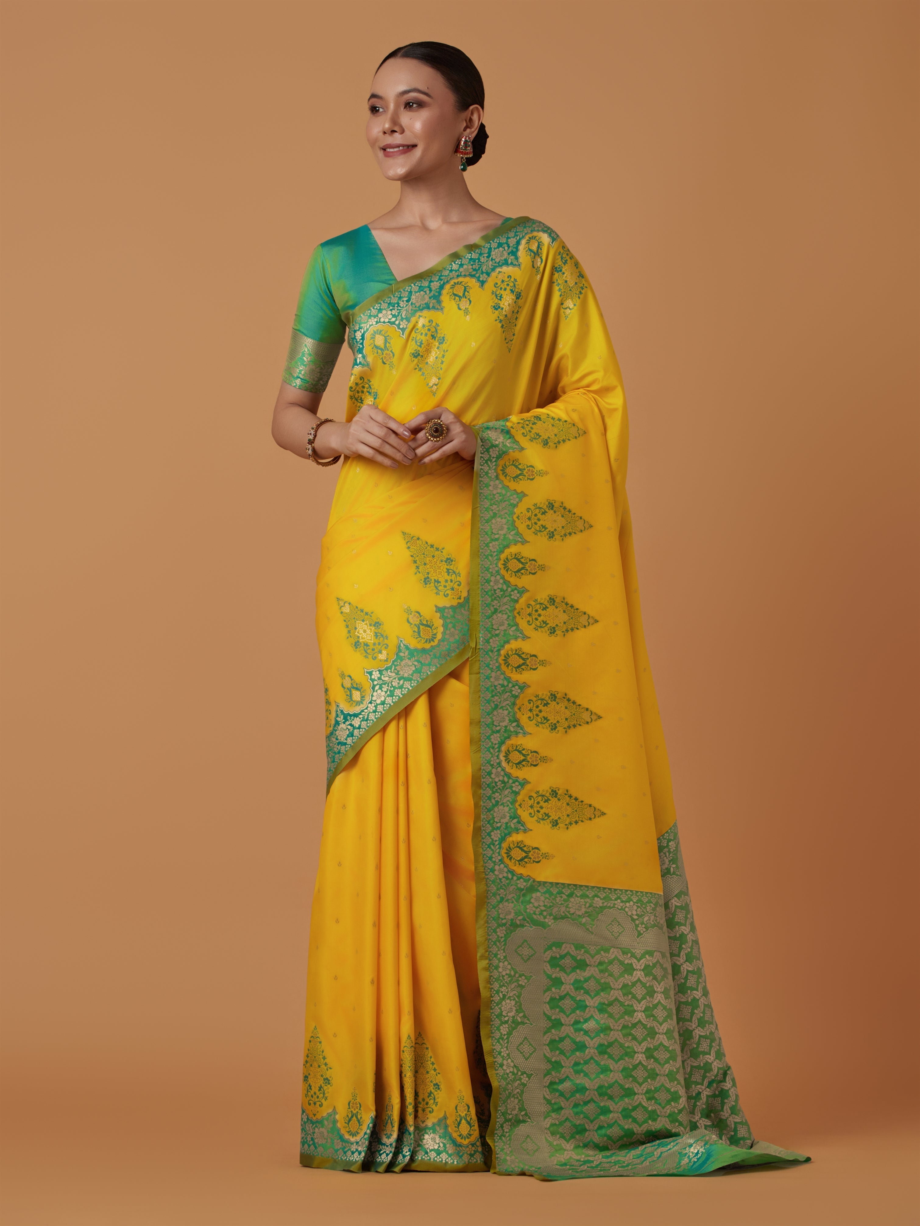 Yellow Banarasi Silk Blend Zari Woven Contemporary Saree