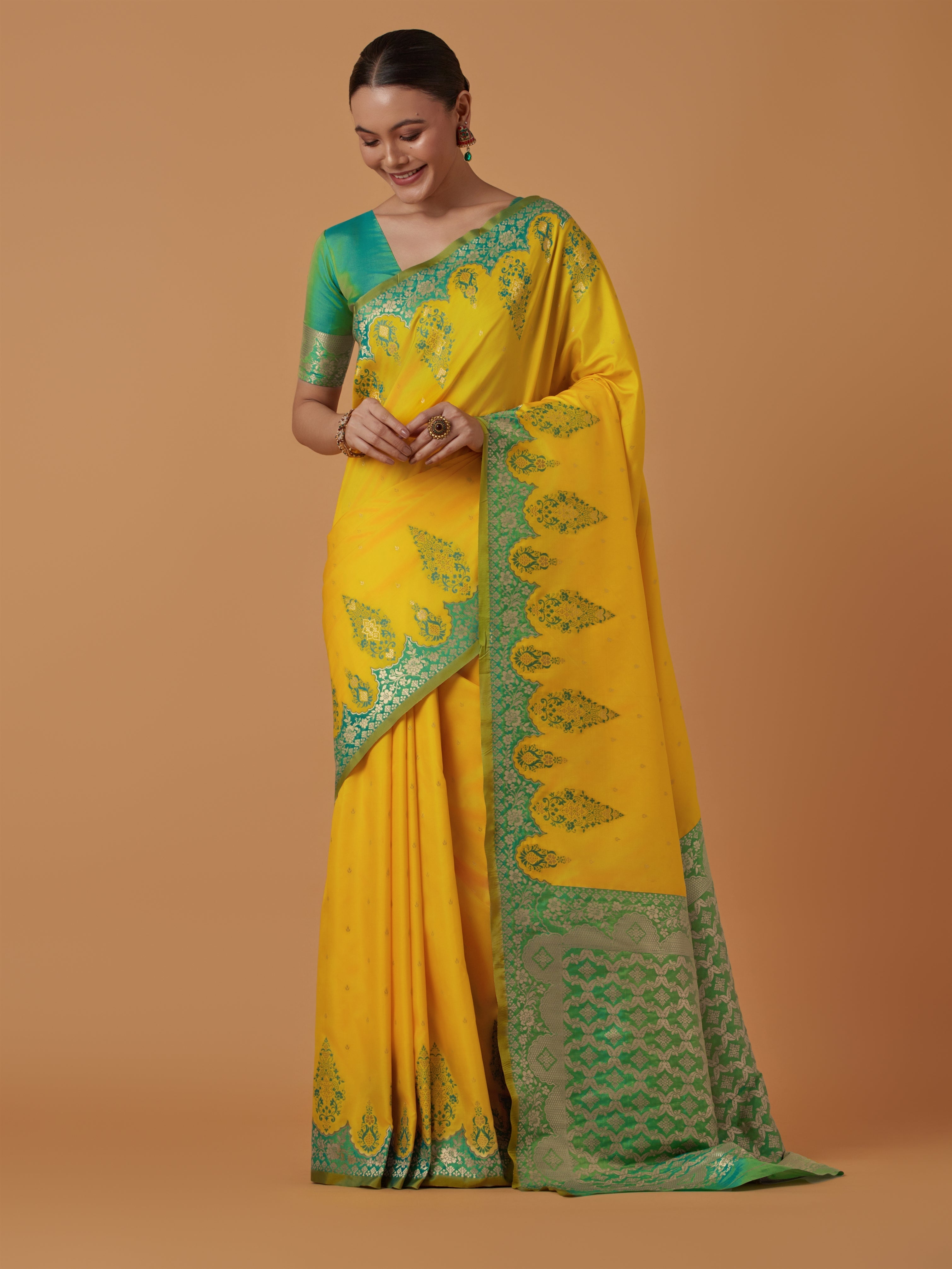 Yellow Banarasi Silk Blend Zari Woven Contemporary Saree