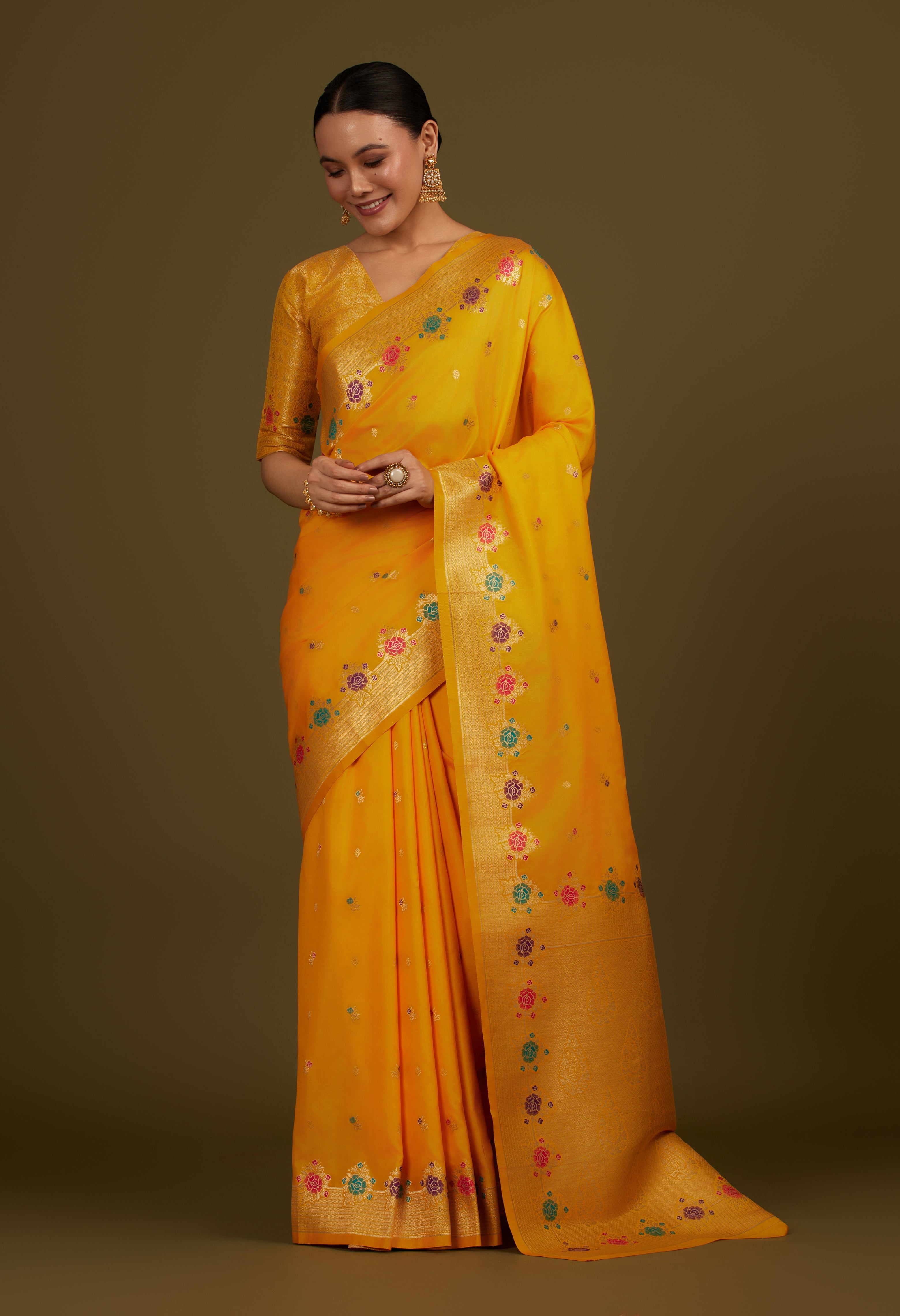 Yellow Banarasi Silk Blend Zari Woven Saree
