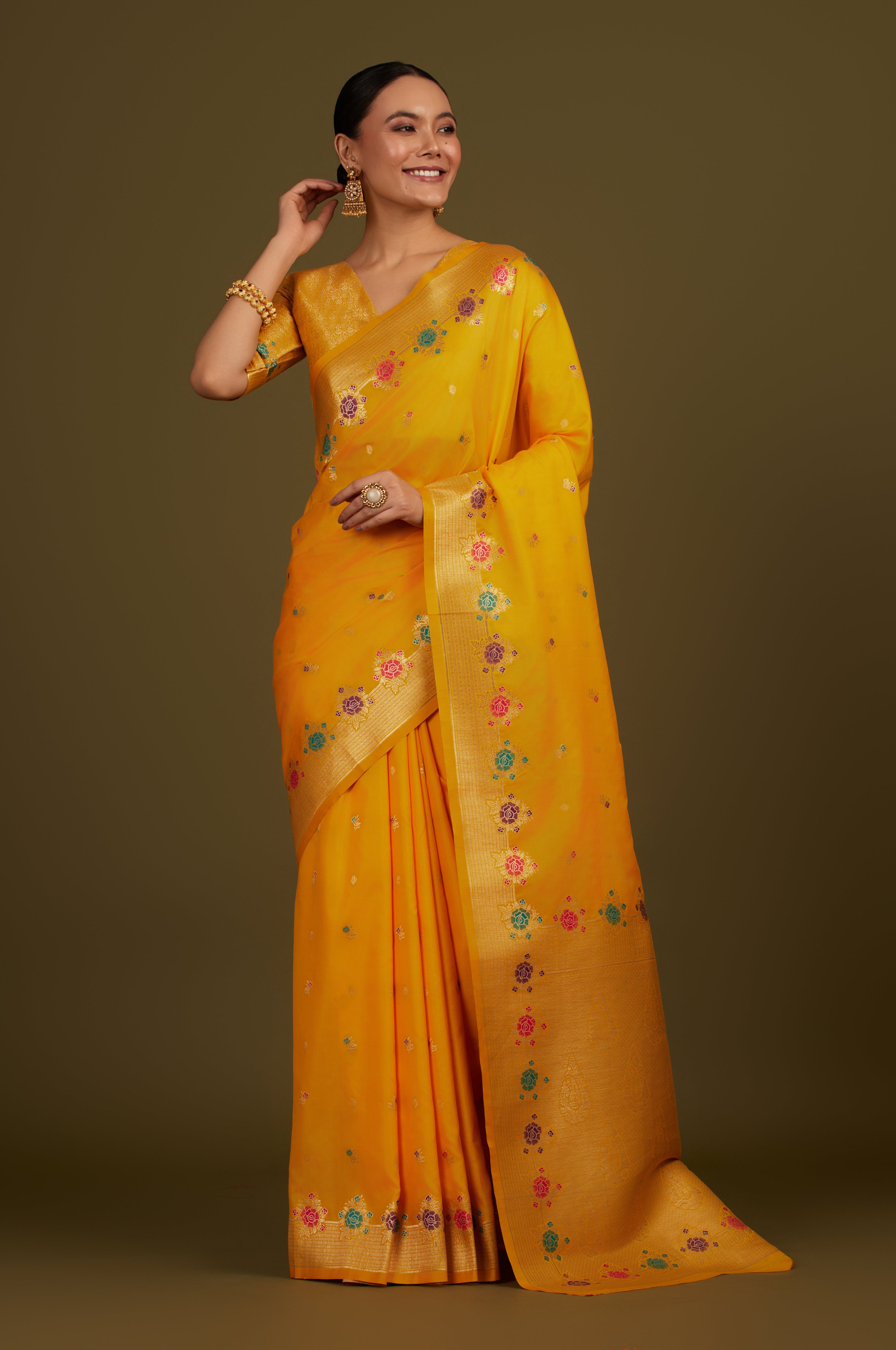 Yellow Banarasi Silk Blend Zari Woven Saree