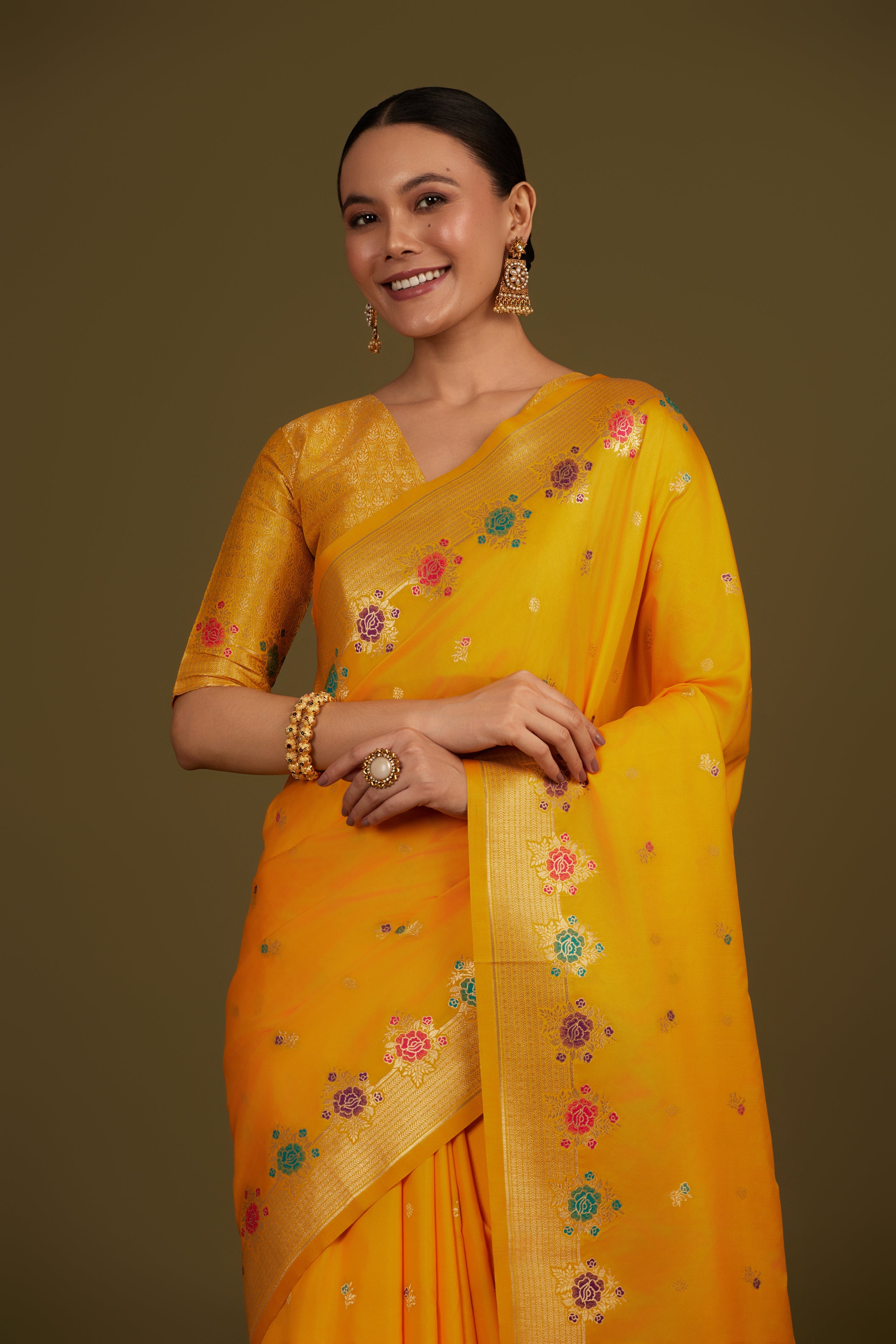 Yellow Banarasi Silk Blend Zari Woven Saree