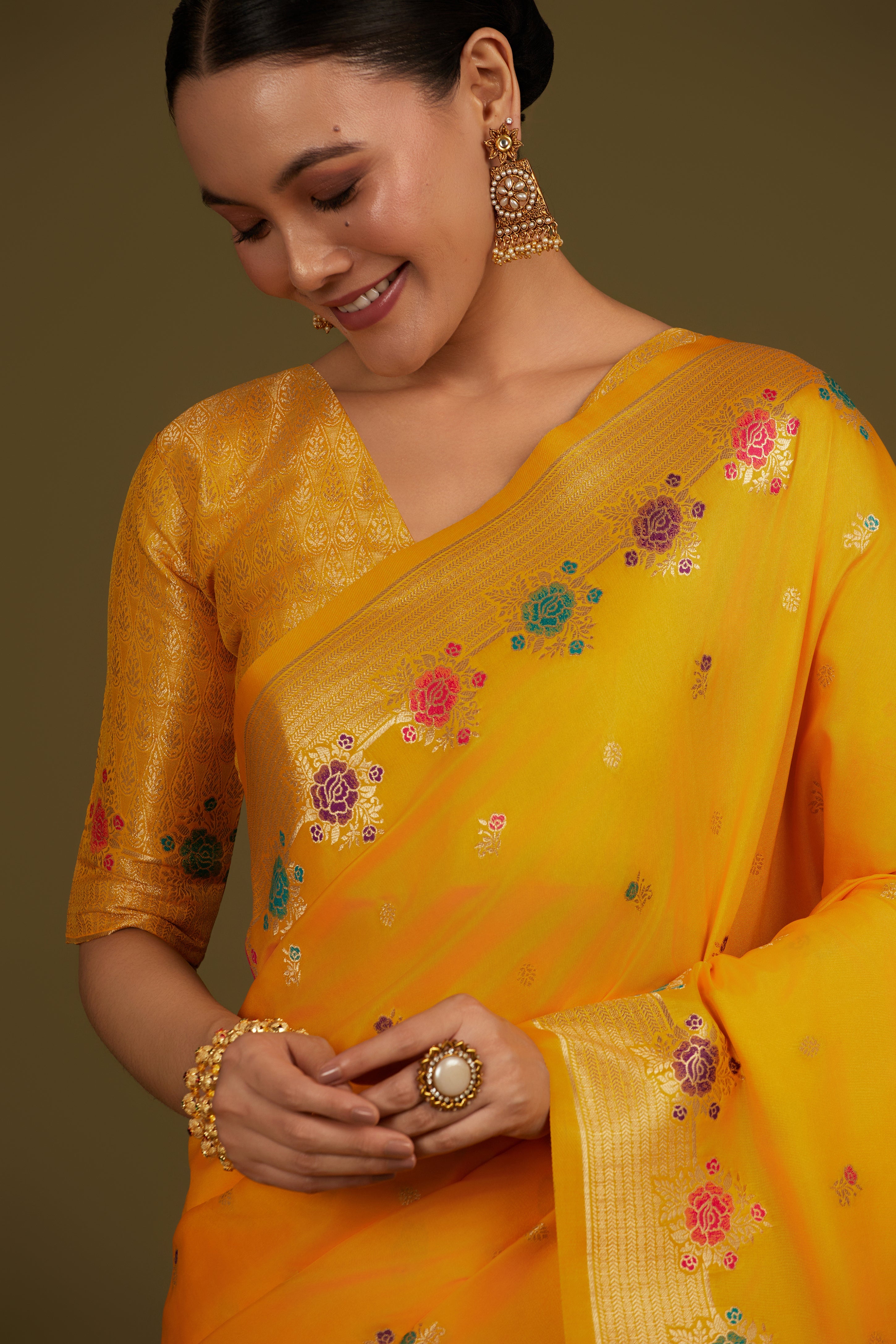 Yellow Banarasi Silk Blend Zari Woven Saree
