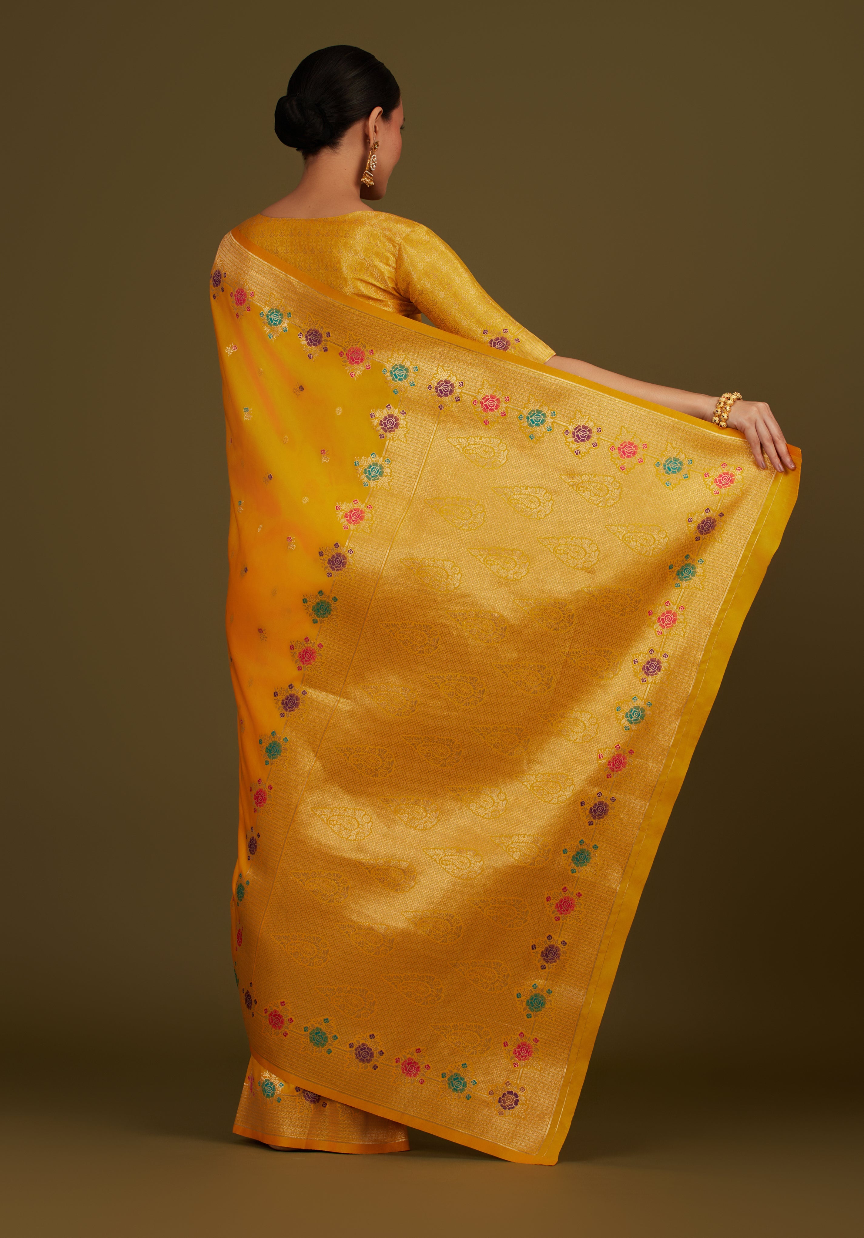 Yellow Banarasi Silk Blend Zari Woven Saree