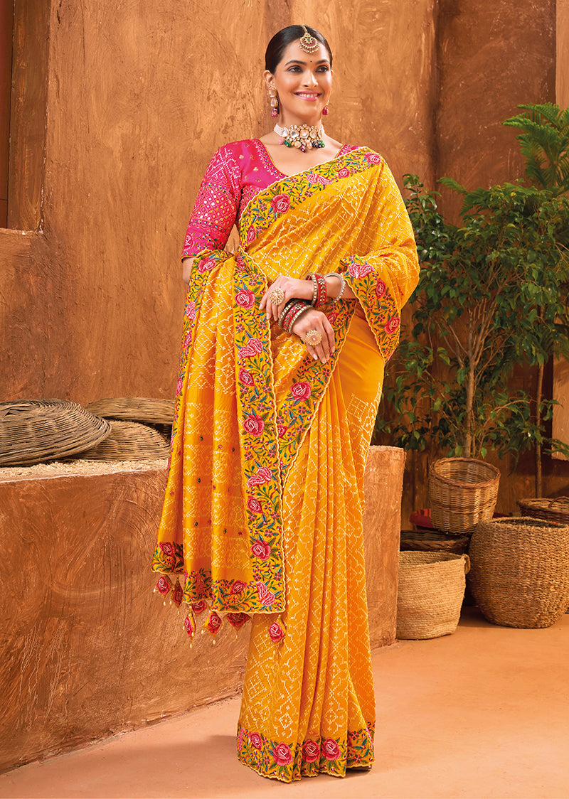 Yellow Banarasi Silk Kachhi Work Saree With Contrast Blouse